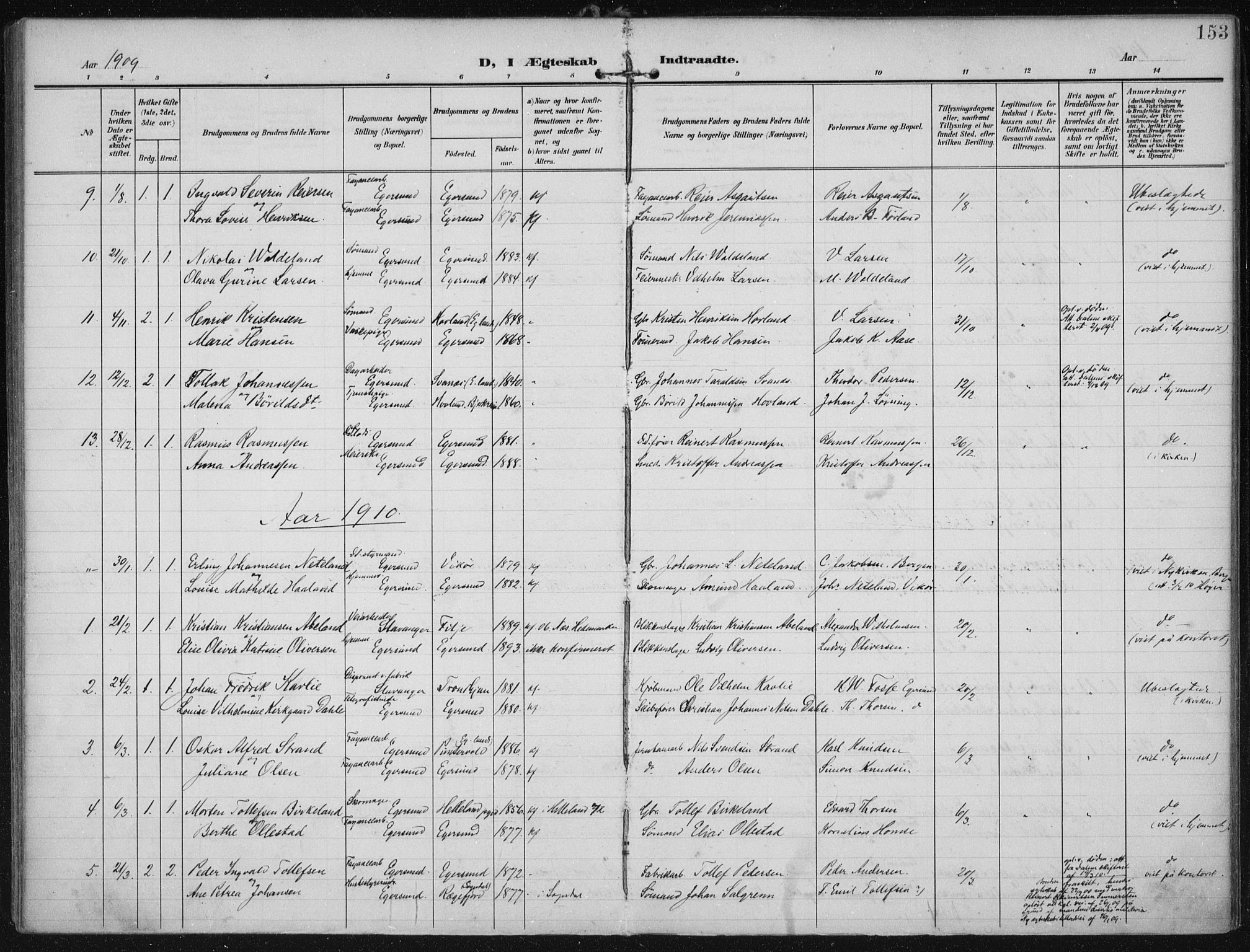 Eigersund sokneprestkontor, SAST/A-101807/S08/L0022: Parish register (official) no. A 21, 1905-1928, p. 153