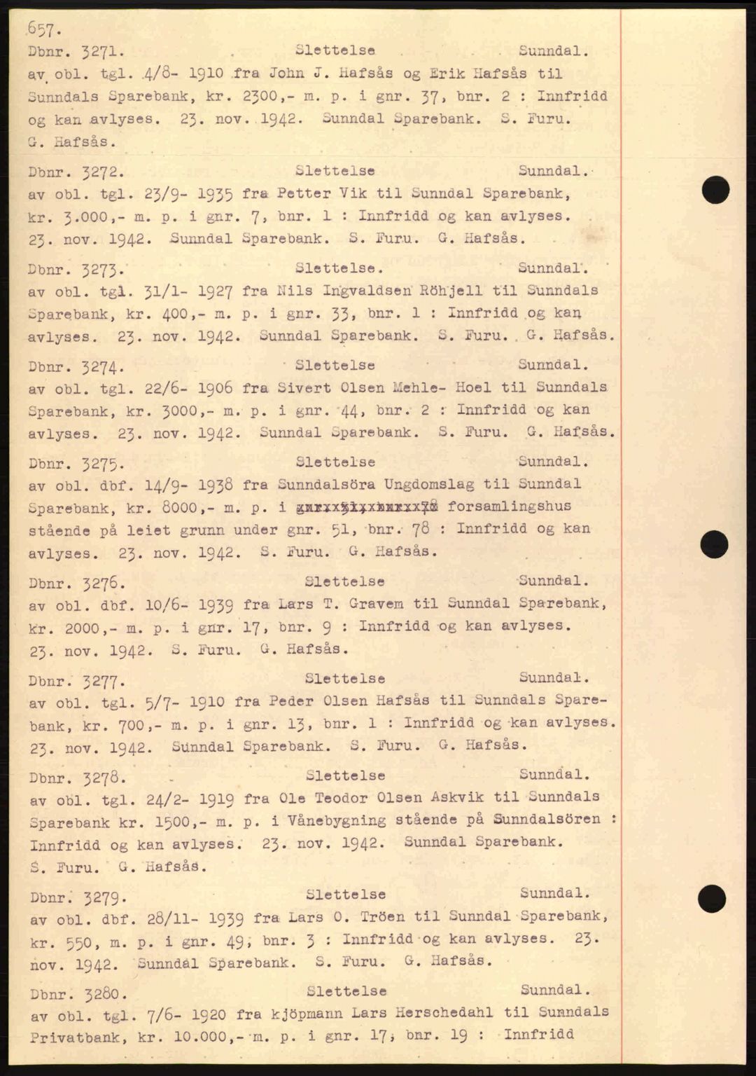 Nordmøre sorenskriveri, AV/SAT-A-4132/1/2/2Ca: Mortgage book no. C81, 1940-1945, Diary no: : 3271/1942