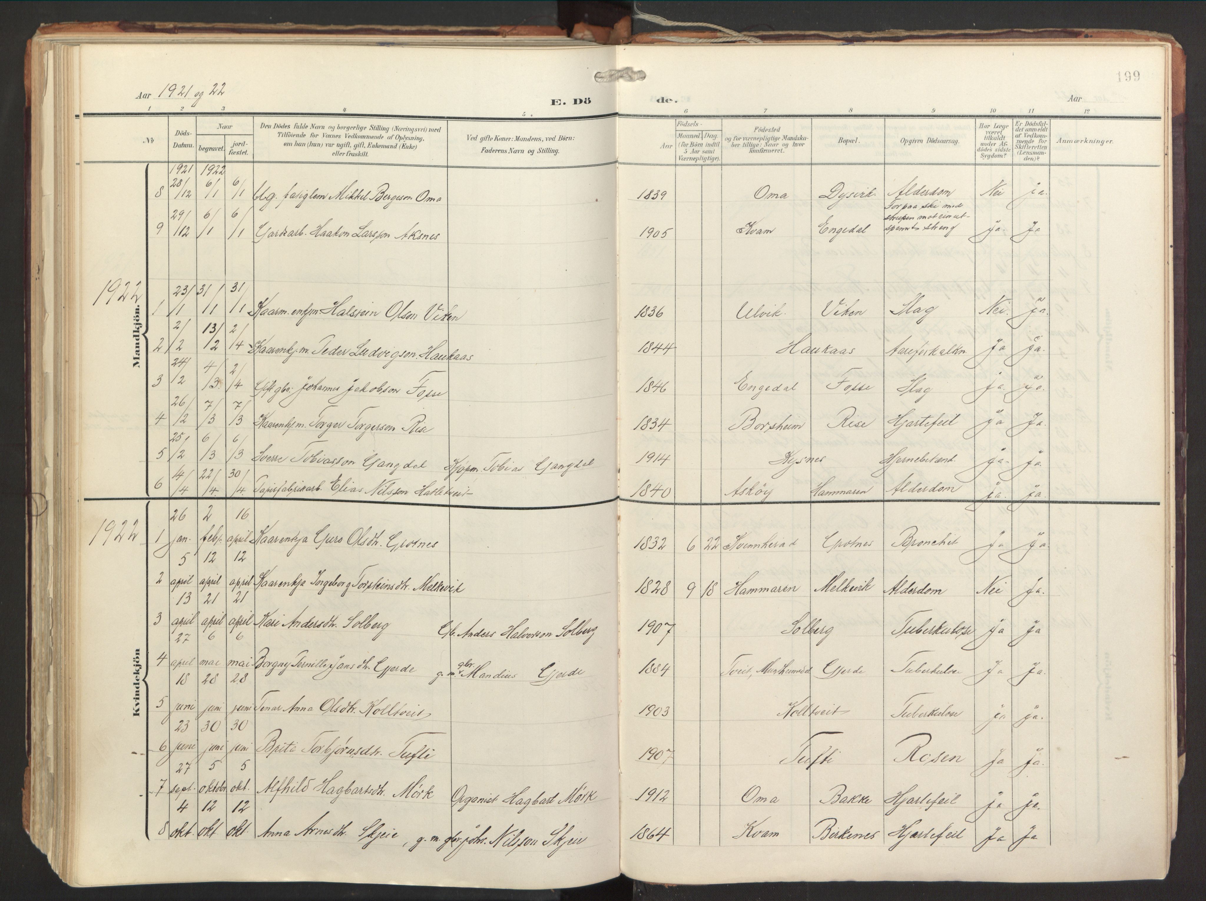 Strandebarm sokneprestembete, AV/SAB-A-78401/H/Haa: Parish register (official) no. B 2, 1909-1941, p. 199