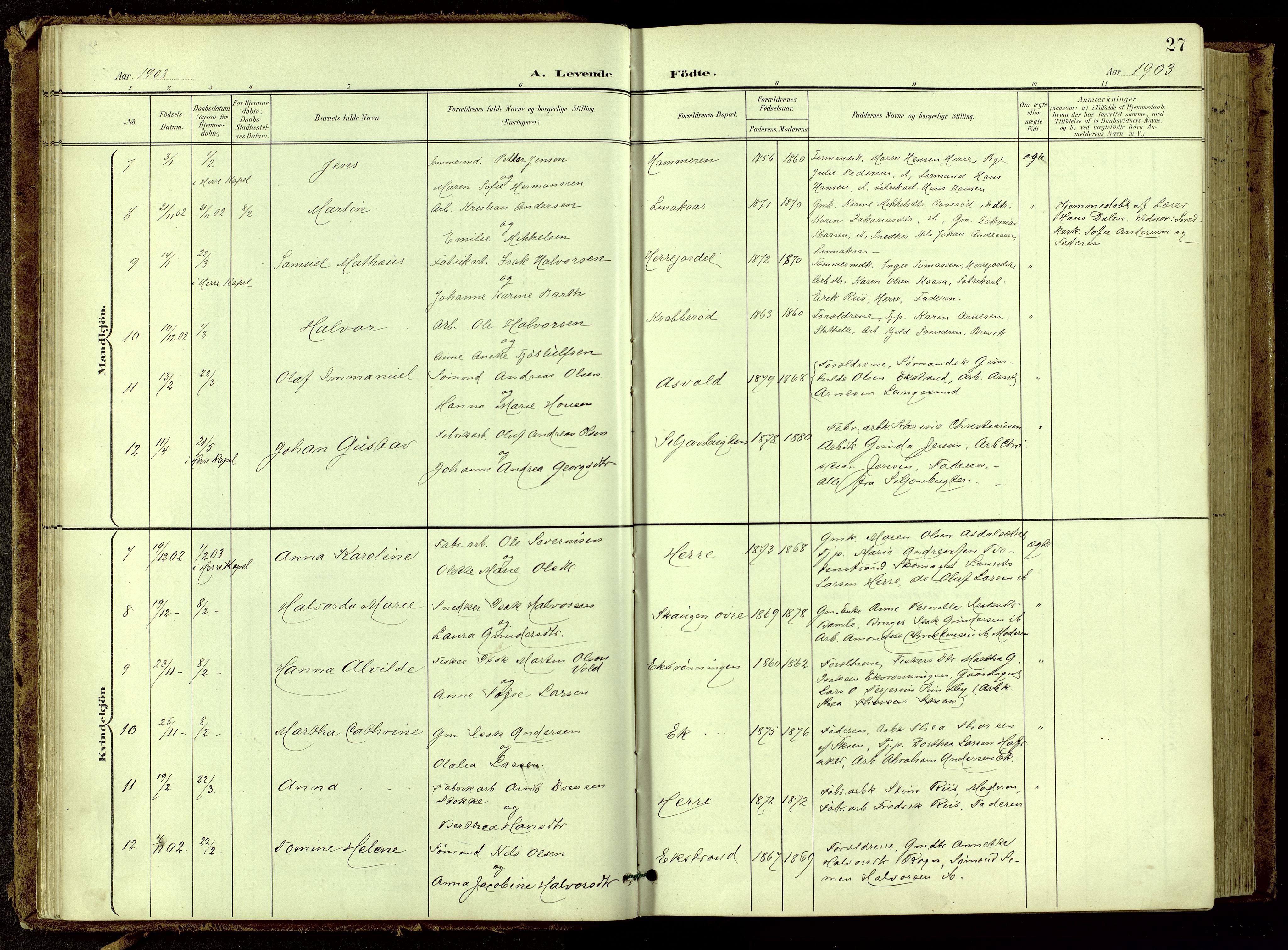 Bamble kirkebøker, SAKO/A-253/G/Ga/L0010: Parish register (copy) no. I 10, 1901-1919, p. 27