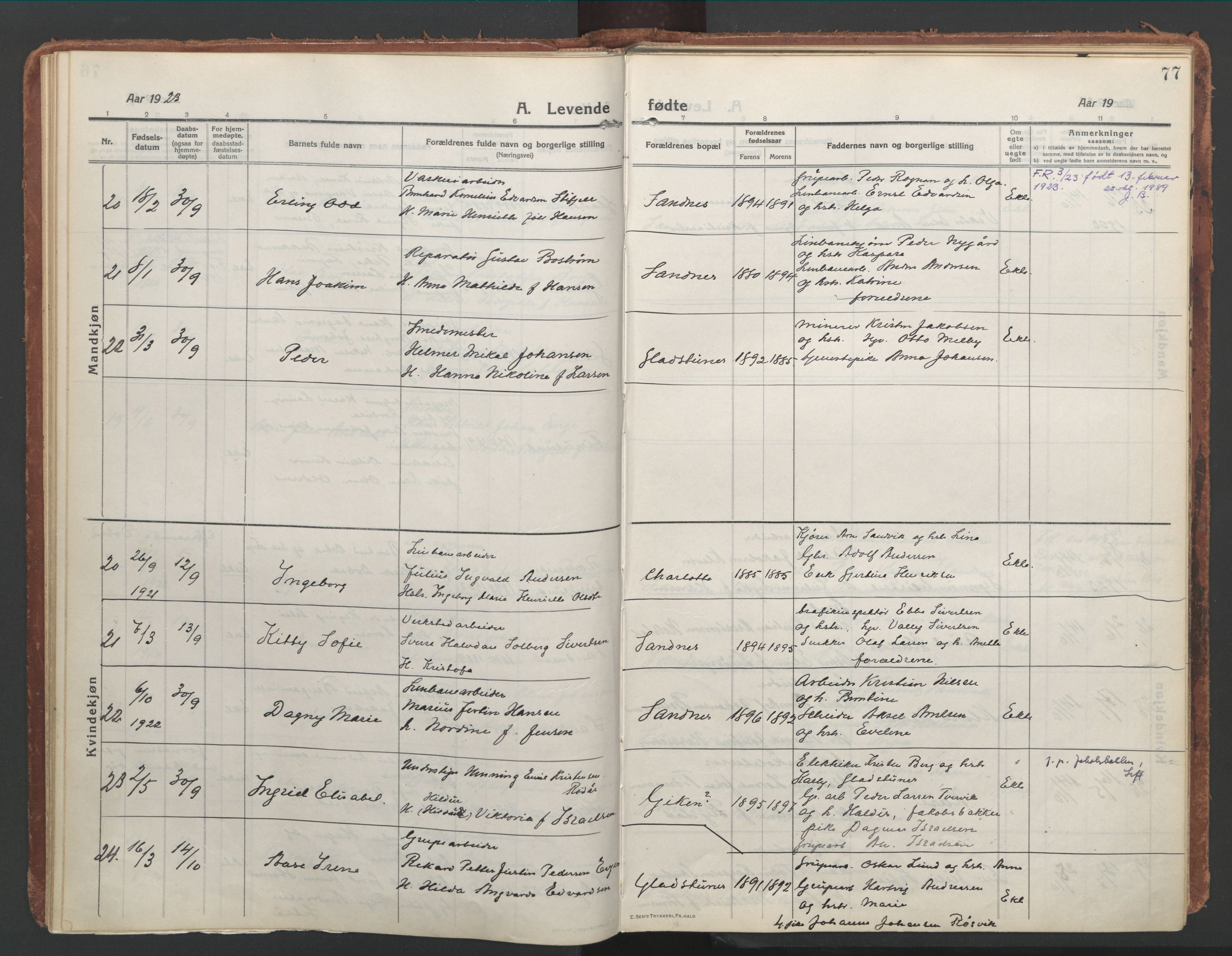 Ministerialprotokoller, klokkerbøker og fødselsregistre - Nordland, AV/SAT-A-1459/850/L0715: Curate's parish register no. 850B05, 1913-1924, p. 77