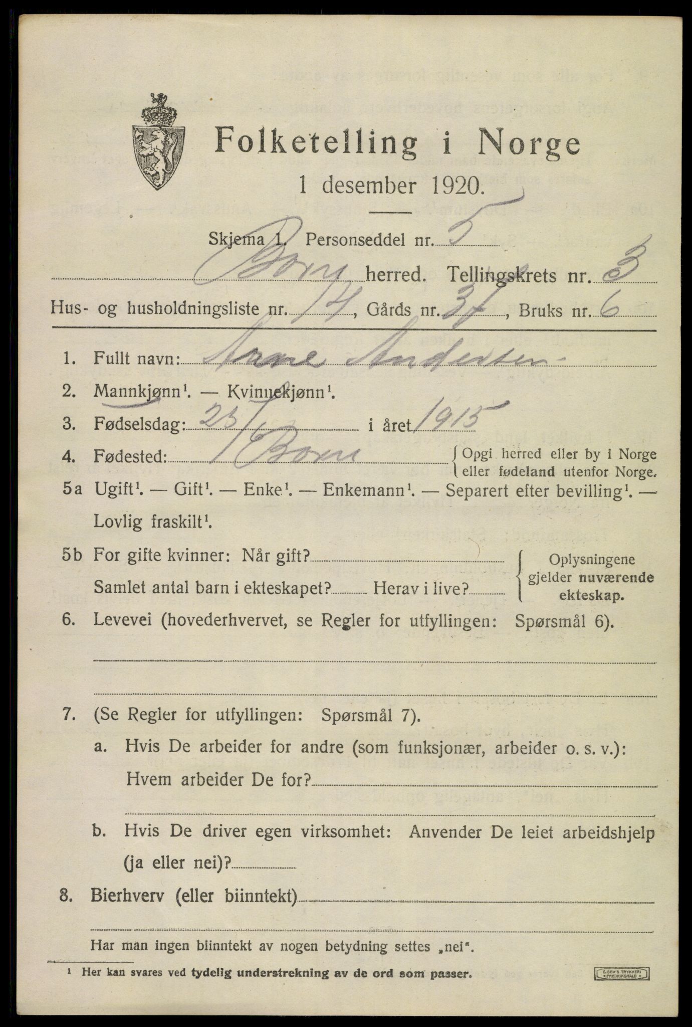 SAKO, 1920 census for Borre, 1920, p. 6198