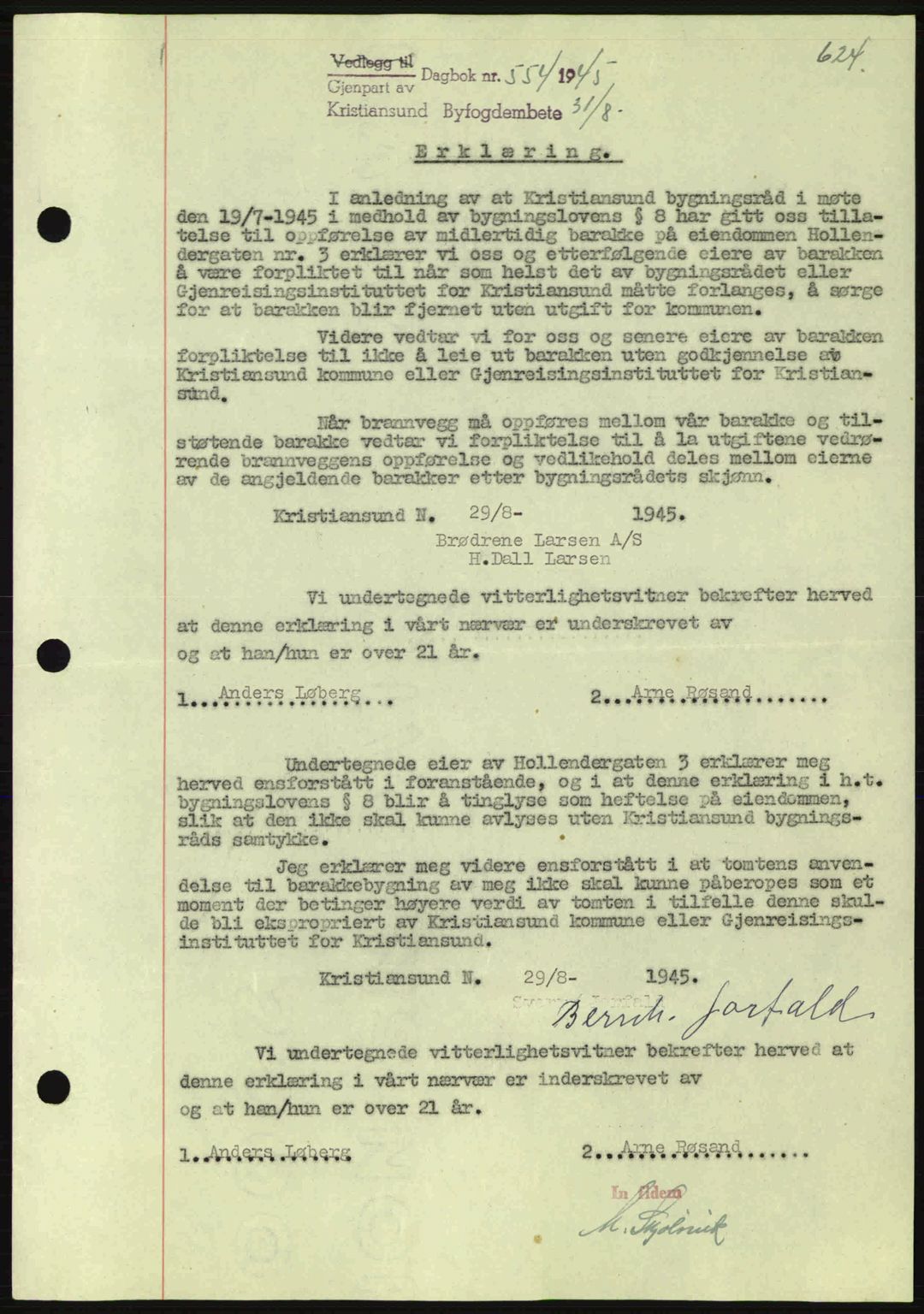 Kristiansund byfogd, SAT/A-4587/A/27: Mortgage book no. 37-38, 1943-1945, Diary no: : 554/1945