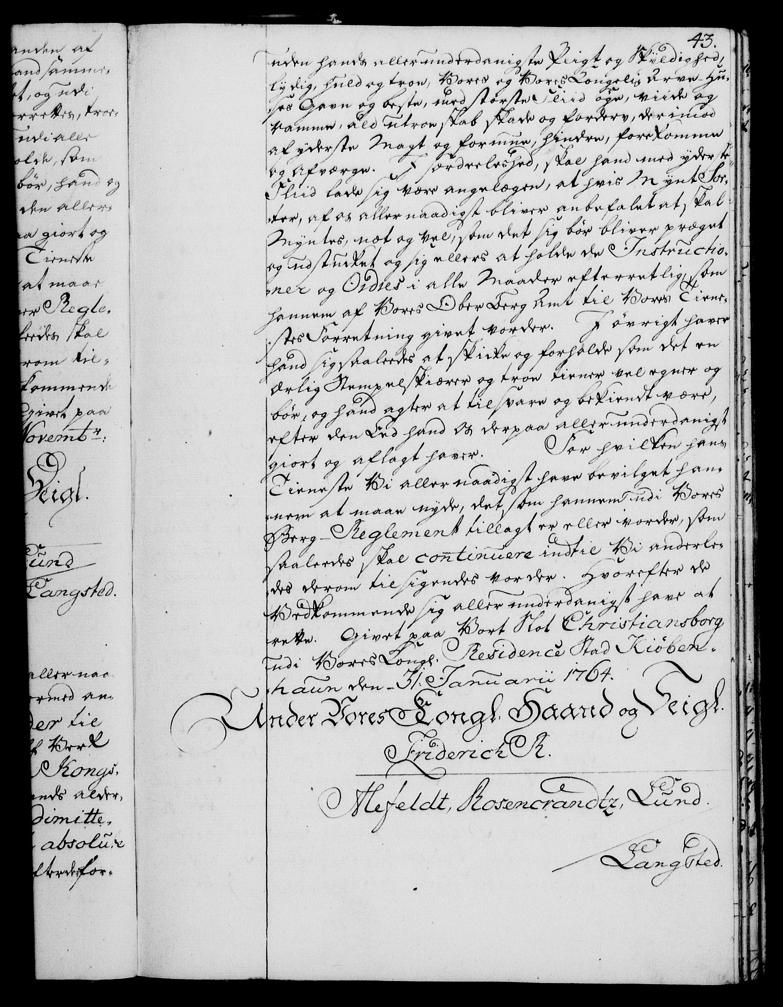 Rentekammeret, Kammerkanselliet, RA/EA-3111/G/Gg/Gge/L0004: Norsk bestallingsprotokoll med register (merket RK 53.28), 1762-1771, p. 43