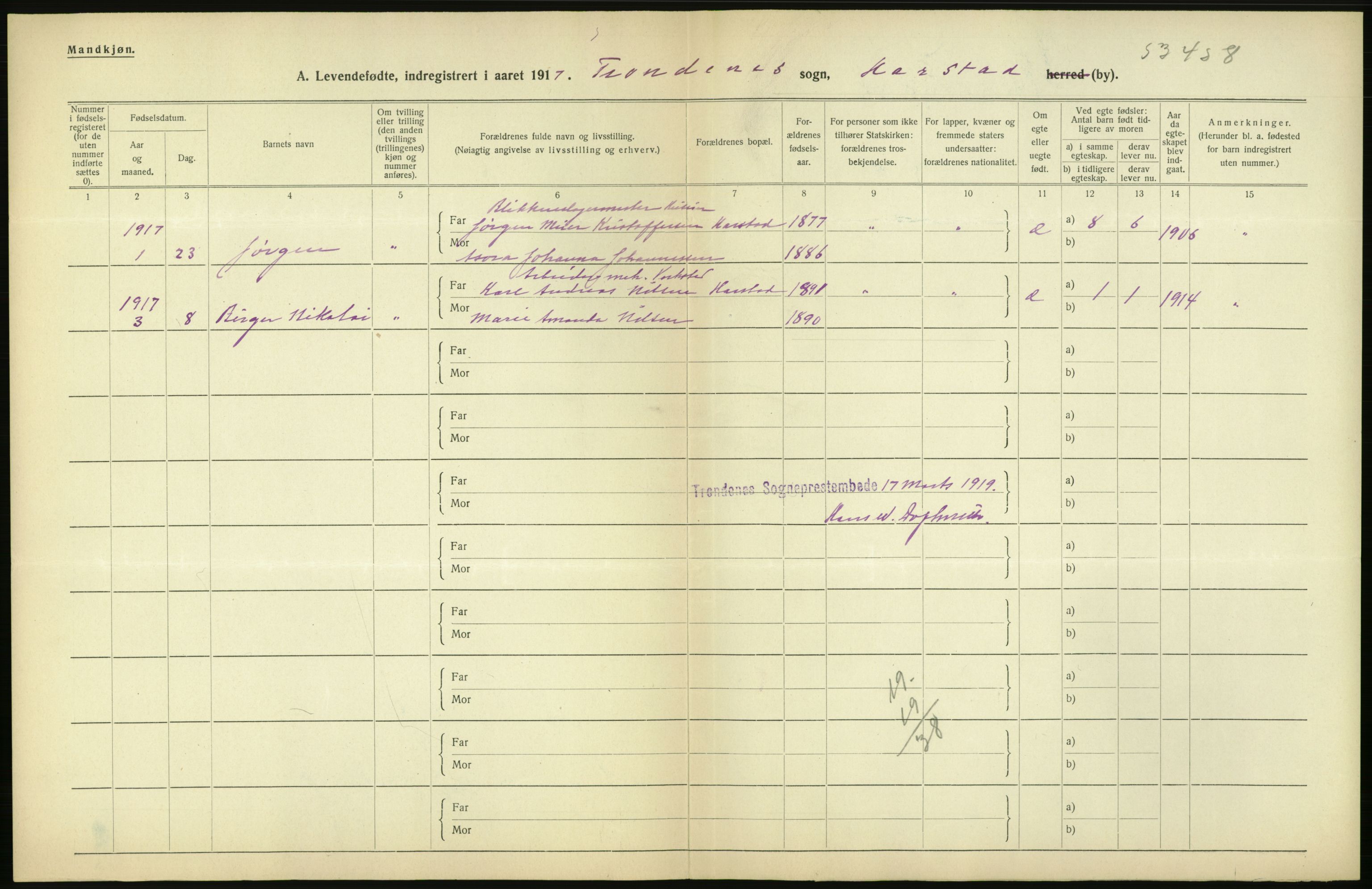 Statistisk sentralbyrå, Sosiodemografiske emner, Befolkning, RA/S-2228/D/Df/Dfb/Dfbg/L0053: Tromsø amt: Levendefødte menn og kvinner. Bygder og byer., 1917, p. 114