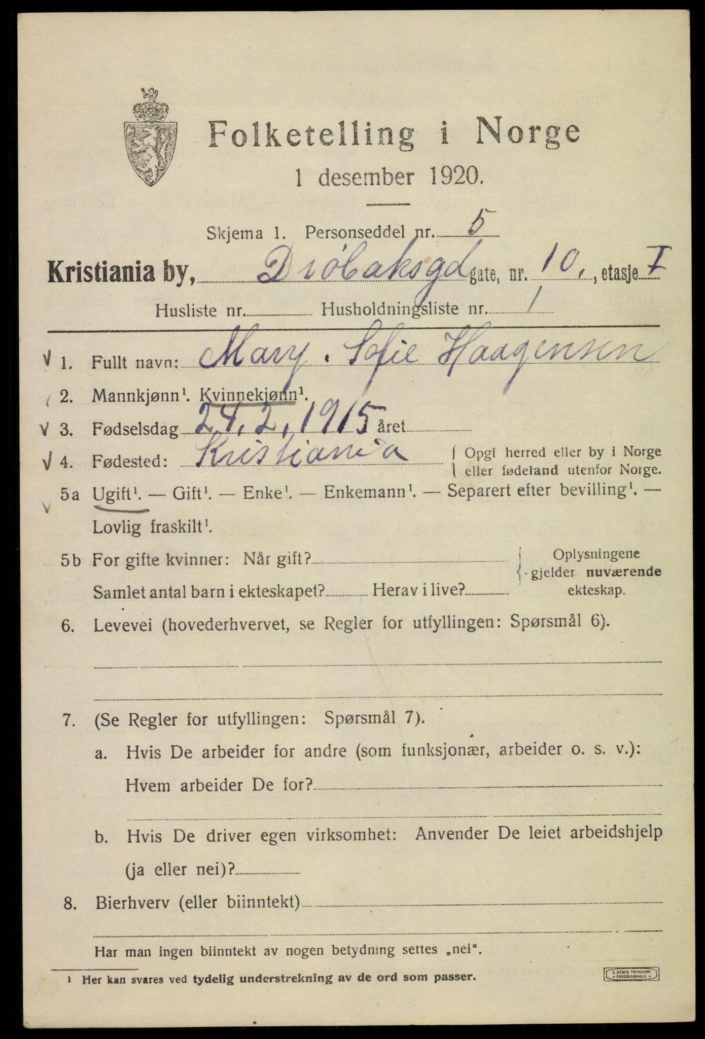 SAO, 1920 census for Kristiania, 1920, p. 203827