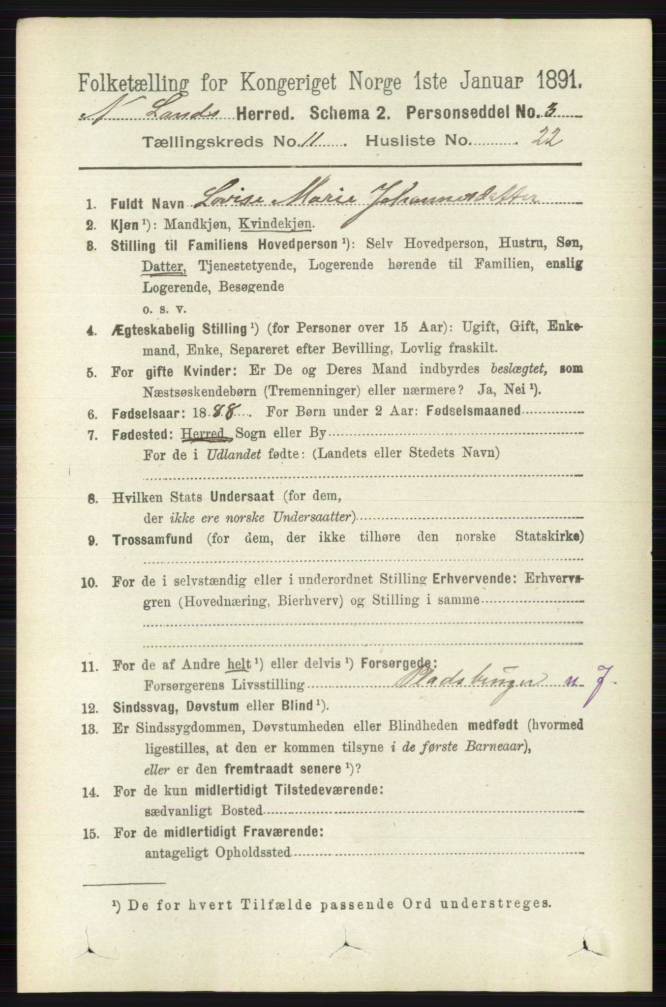 RA, 1891 census for 0538 Nordre Land, 1891, p. 3151