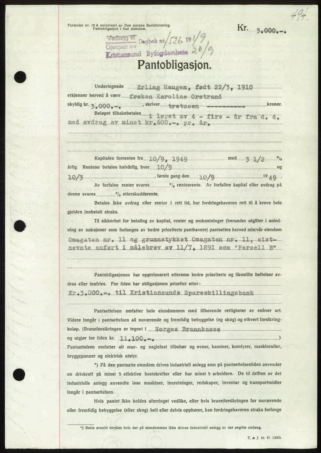 Kristiansund byfogd, AV/SAT-A-4587/A/27: Mortgage book no. 45, 1948-1949, Diary no: : 1526/1949