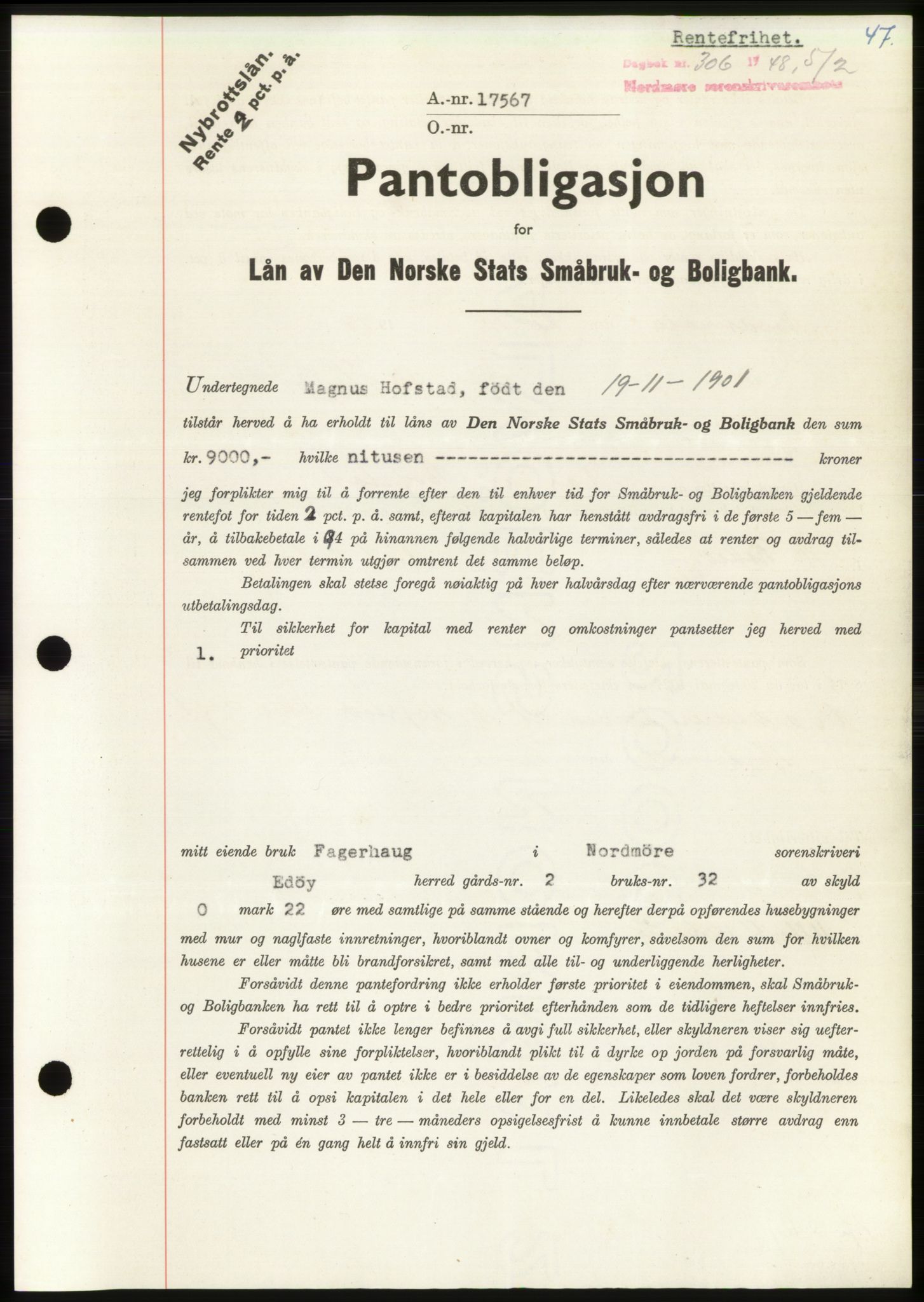 Nordmøre sorenskriveri, AV/SAT-A-4132/1/2/2Ca: Mortgage book no. B98, 1948-1948, Diary no: : 306/1948