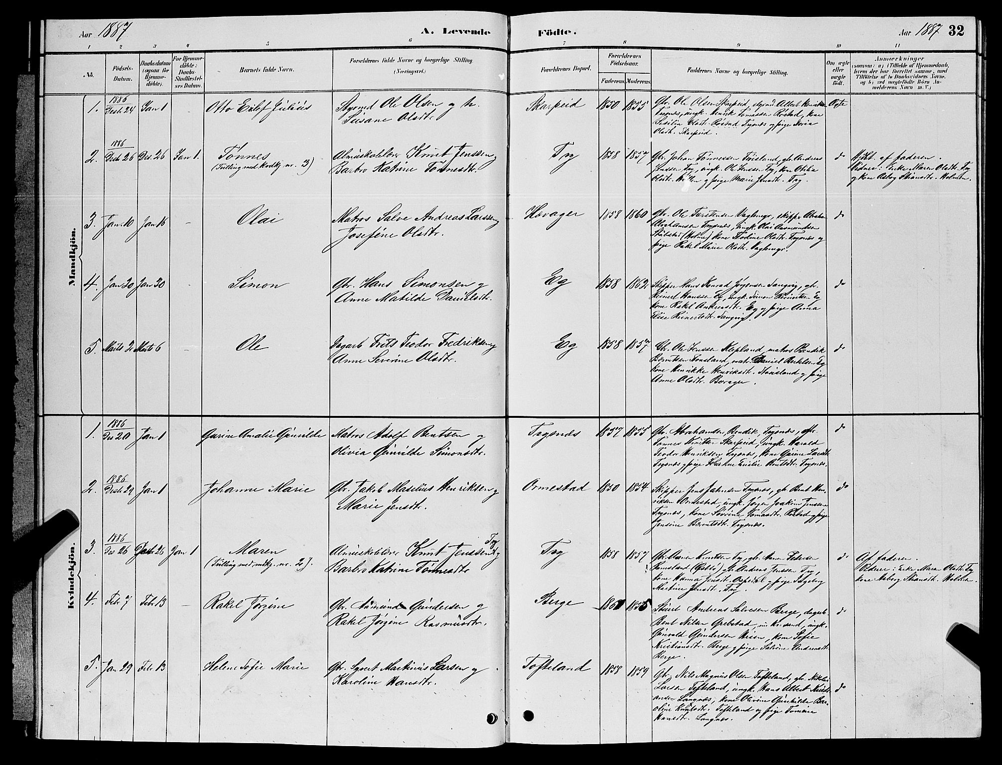 Søgne sokneprestkontor, SAK/1111-0037/F/Fb/Fbb/L0005: Parish register (copy) no. B 5, 1884-1891, p. 32
