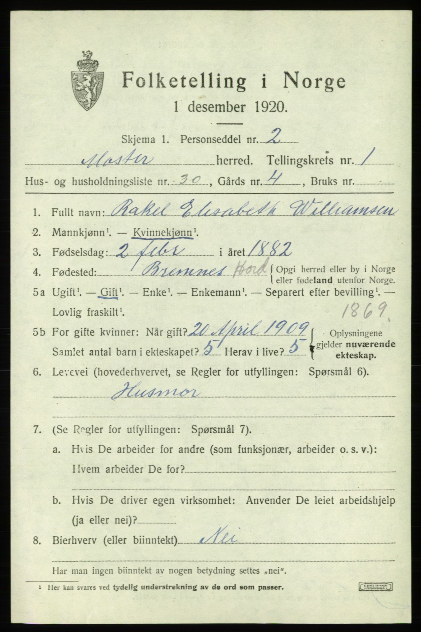 SAB, 1920 census for Moster, 1920, p. 809