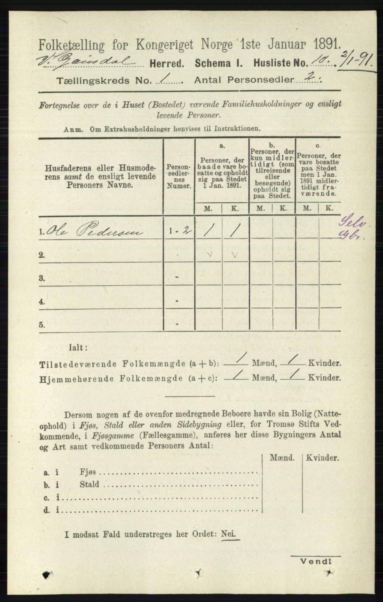 RA, 1891 census for 0523 Vestre Gausdal, 1891, p. 33