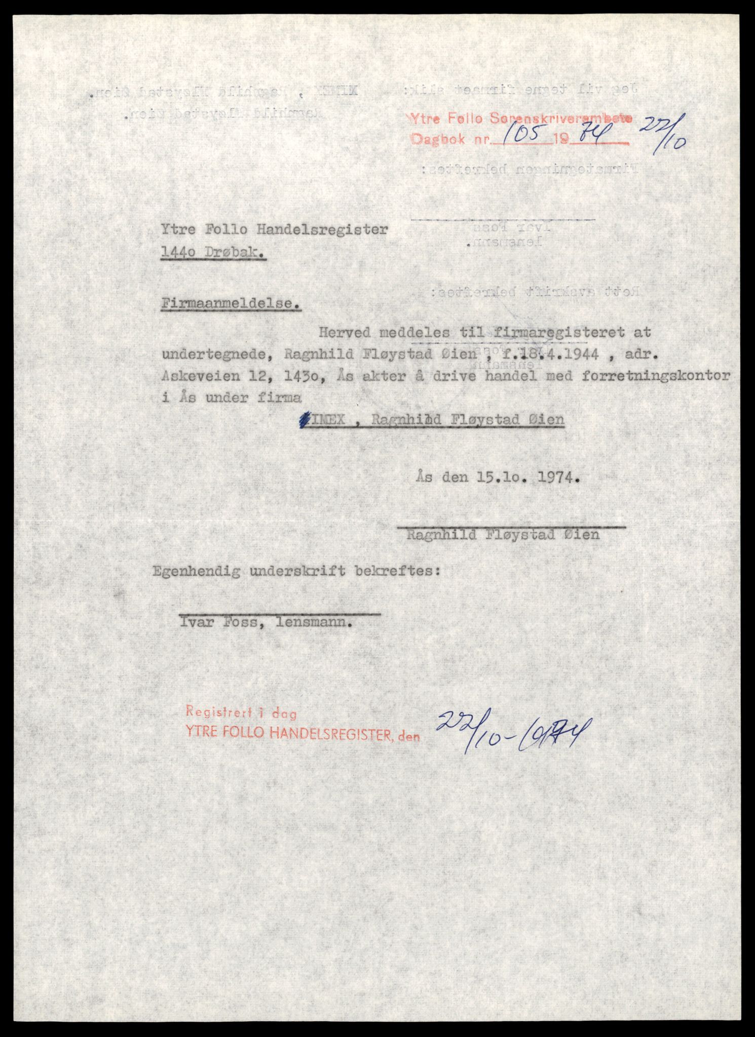 Ytre Follo tingrett, AV/SAT-A-10177/K/Kb/Kba/L0003: Enkeltmannsforetak, I - L, 1890-1989, p. 1