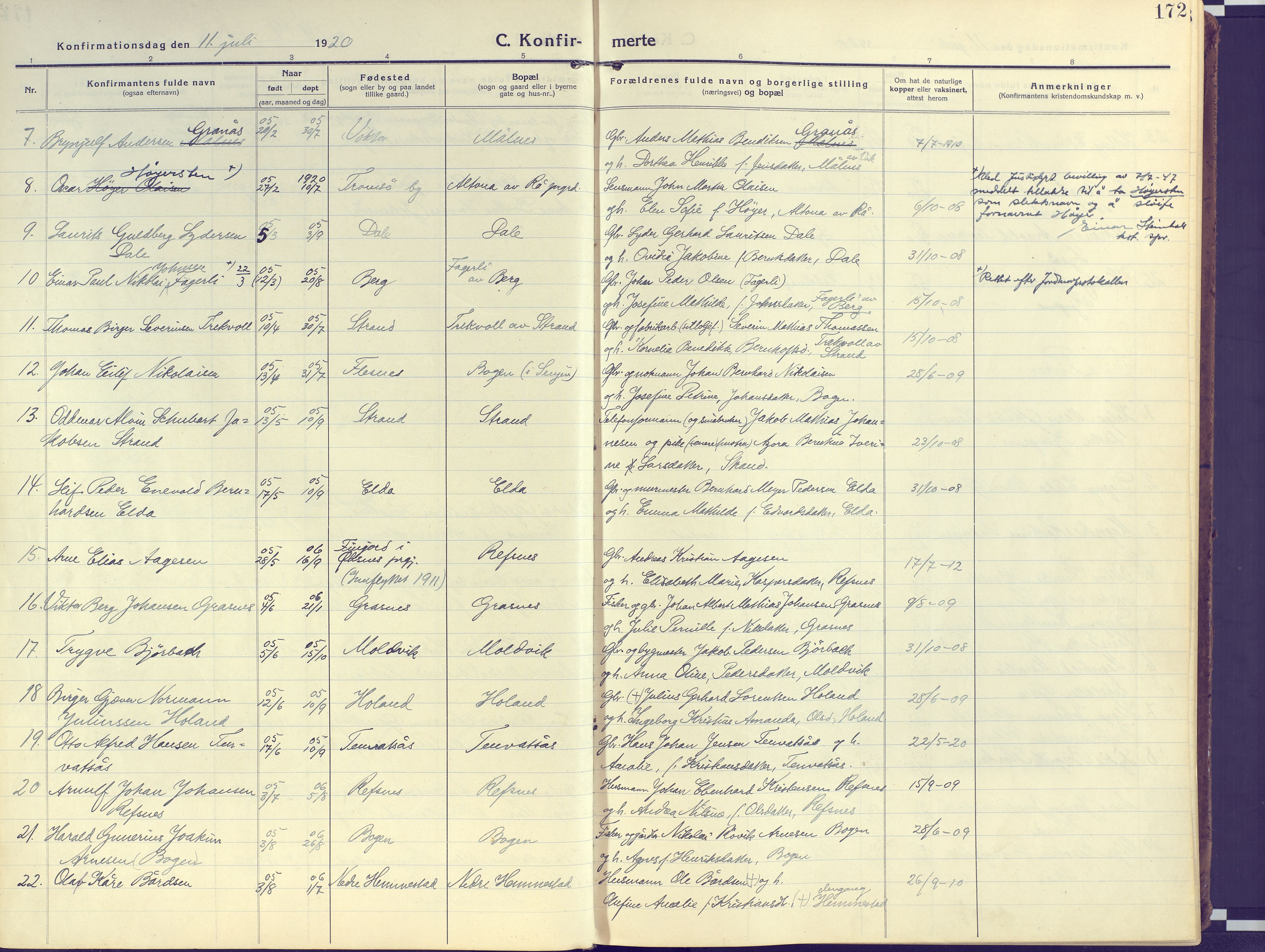 Kvæfjord sokneprestkontor, SATØ/S-1323/G/Ga/Gaa/L0007kirke: Parish register (official) no. 7, 1915-1931, p. 172