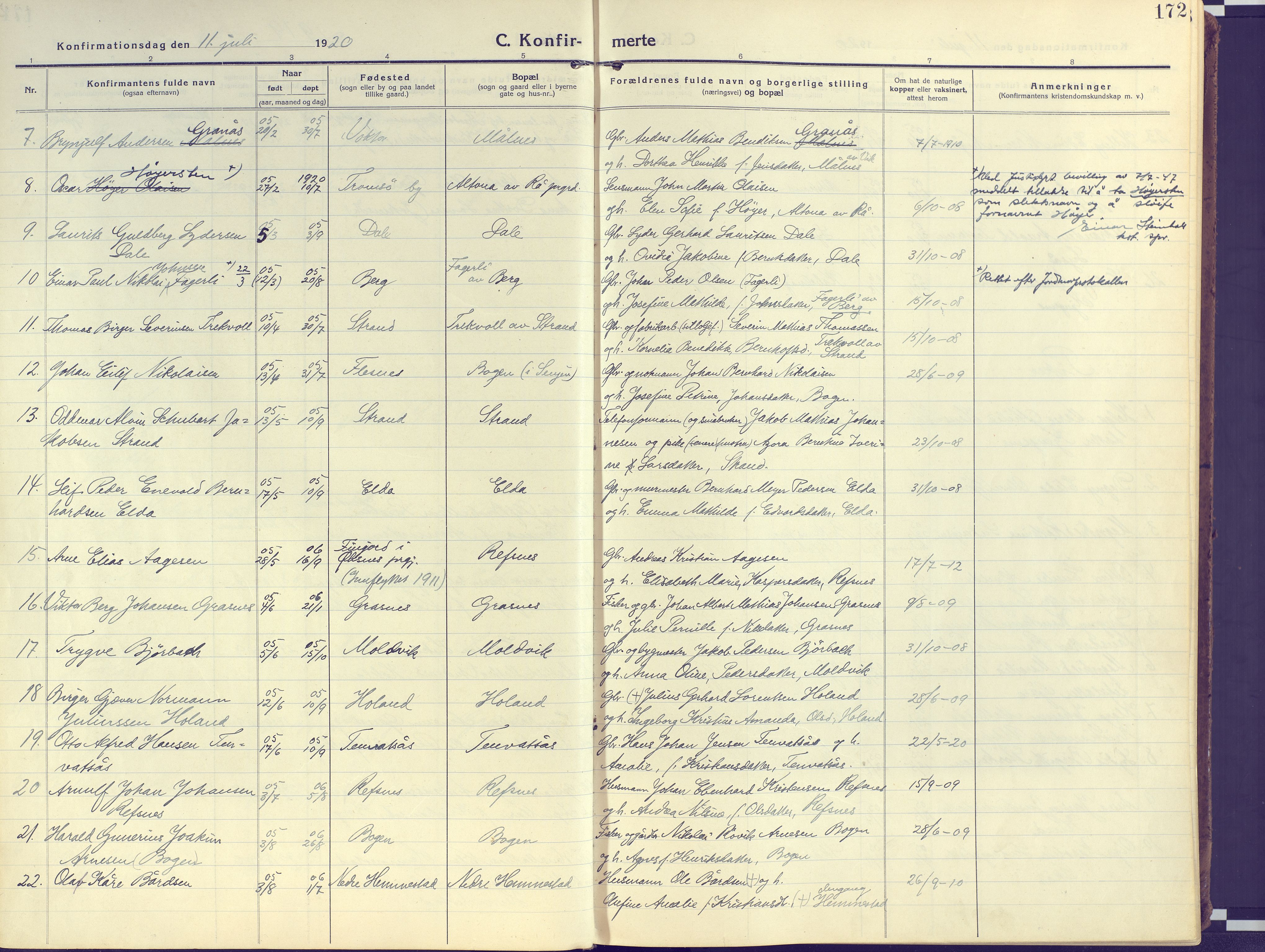 Kvæfjord sokneprestkontor, AV/SATØ-S-1323/G/Ga/Gaa/L0007kirke: Parish register (official) no. 7, 1915-1931, p. 172