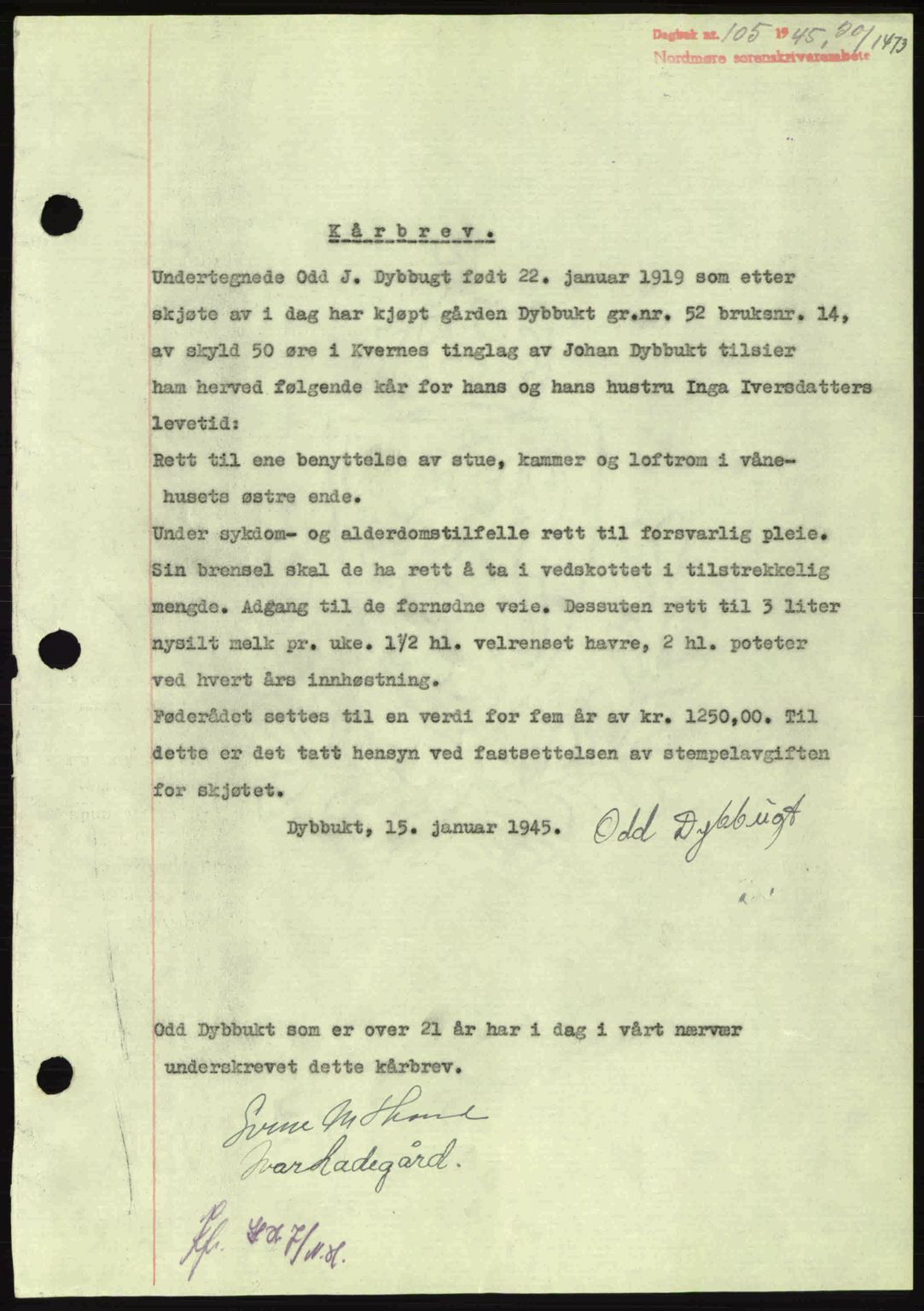 Nordmøre sorenskriveri, AV/SAT-A-4132/1/2/2Ca: Mortgage book no. B92, 1944-1945, Diary no: : 105/1945