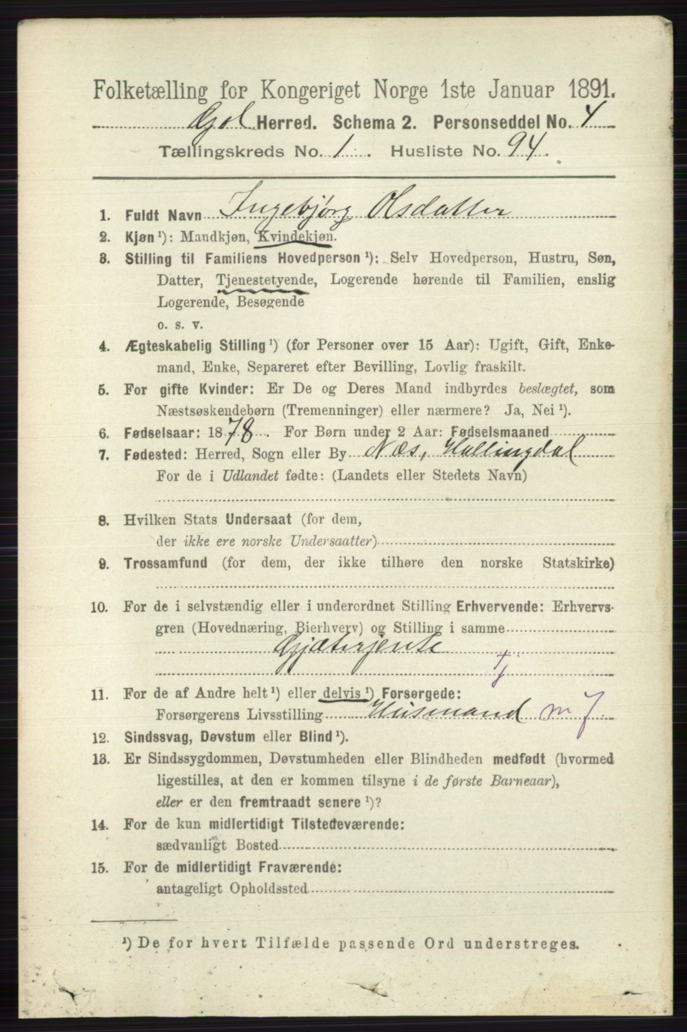 RA, 1891 census for 0617 Gol og Hemsedal, 1891, p. 616