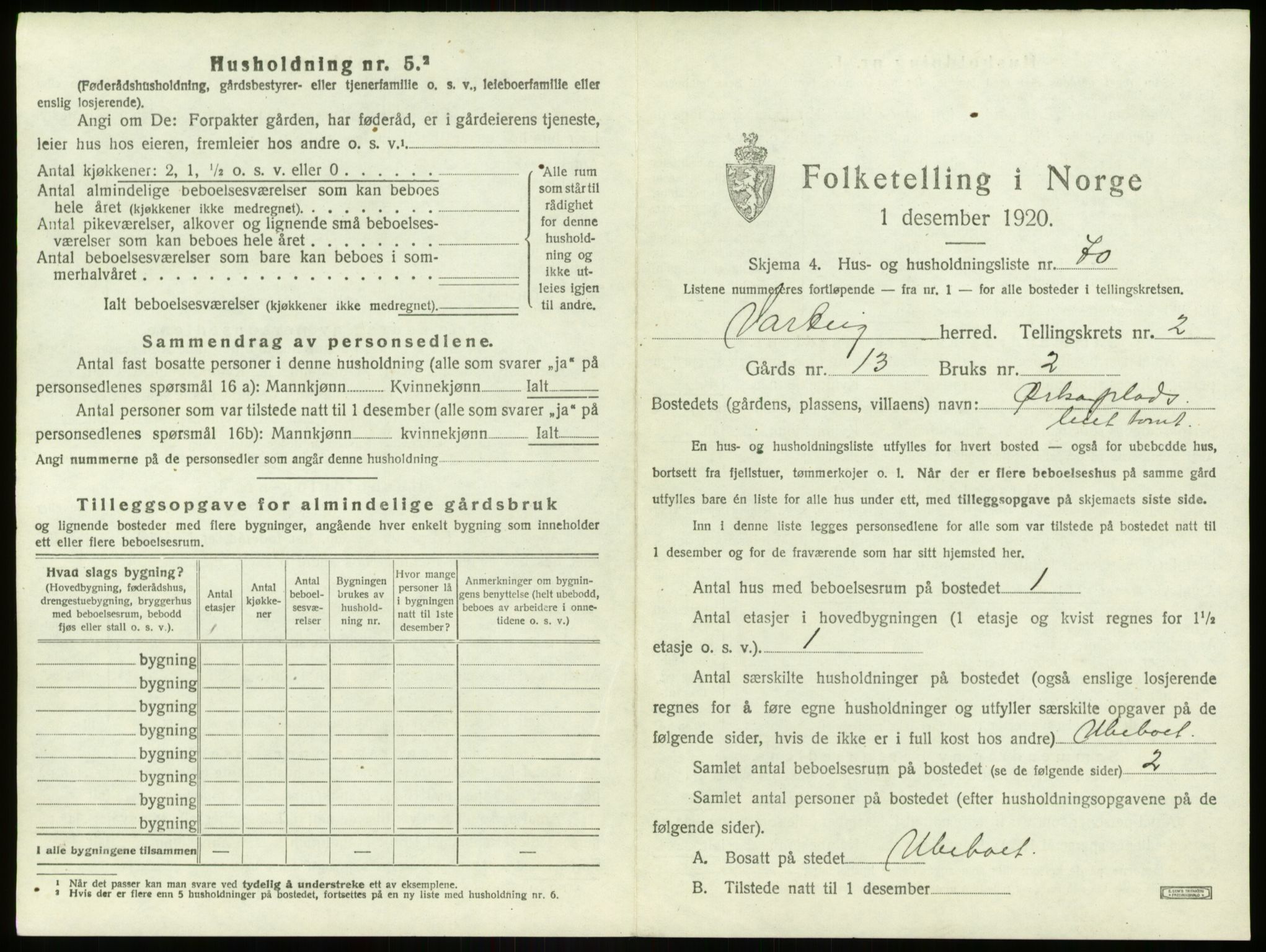 SAO, 1920 census for Varteig, 1920, p. 282