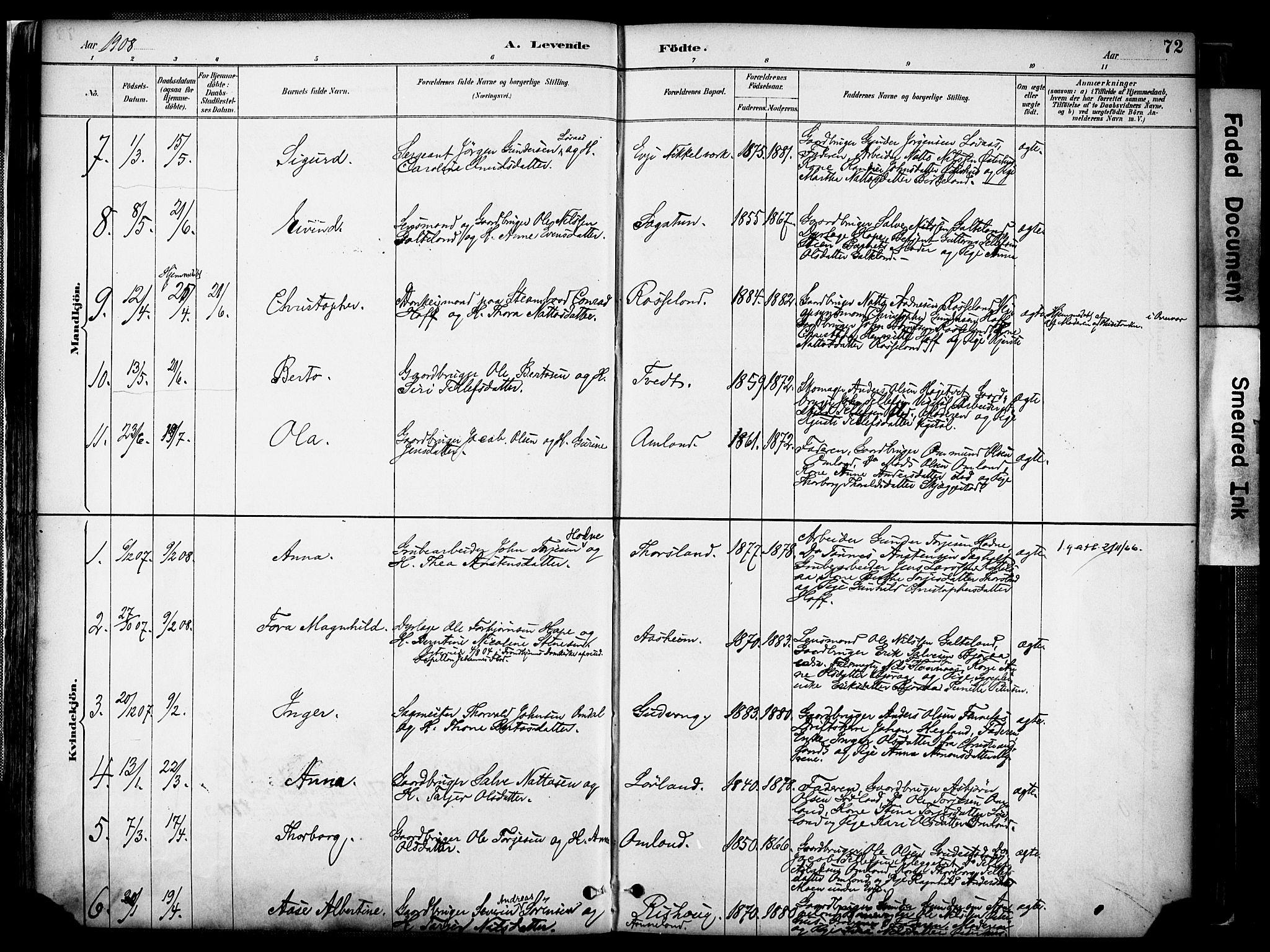 Evje sokneprestkontor, AV/SAK-1111-0008/F/Fa/Faa/L0007: Parish register (official) no. A 7, 1884-1909, p. 72