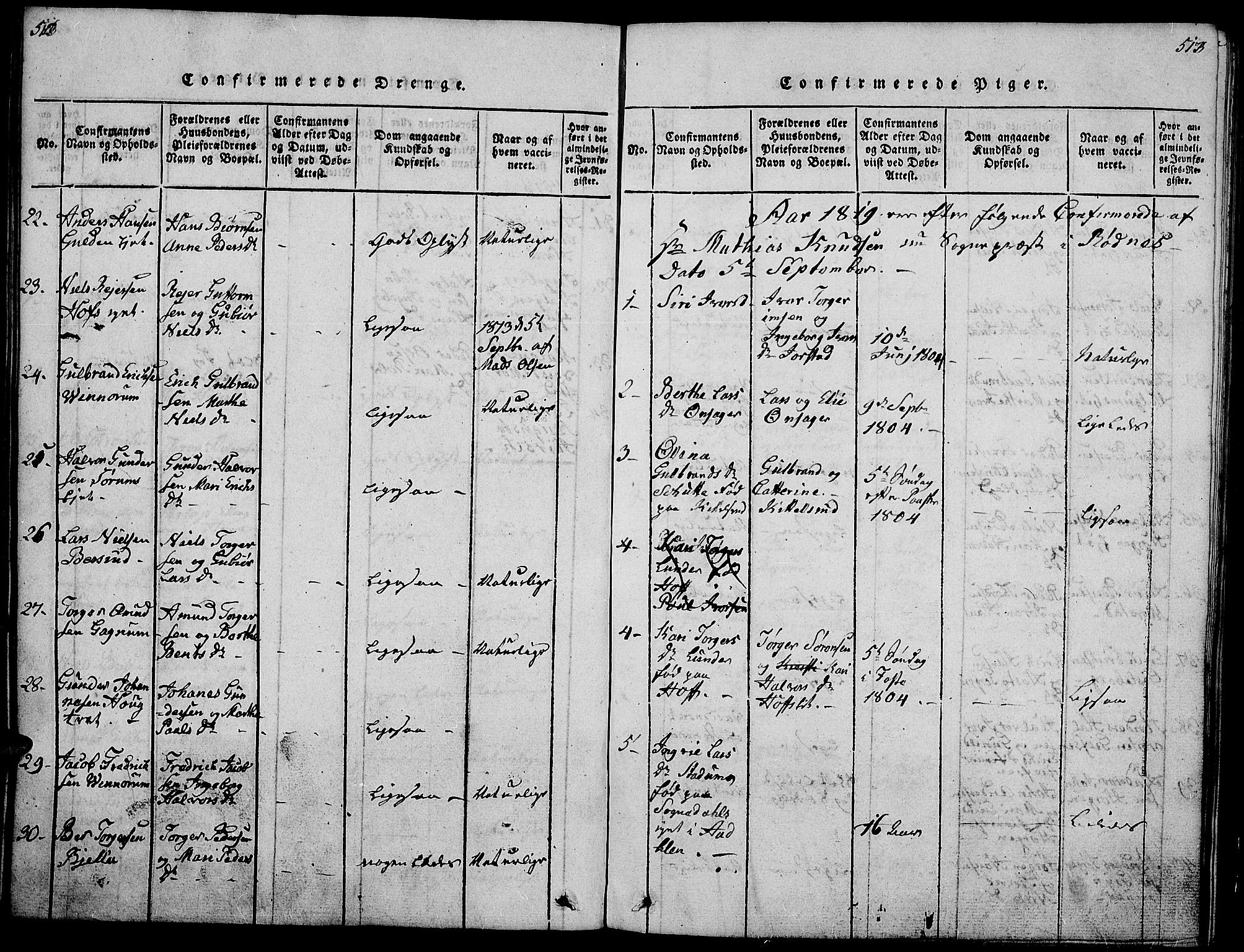 Gran prestekontor, SAH/PREST-112/H/Ha/Hab/L0001: Parish register (copy) no. 1, 1815-1824, p. 512-513