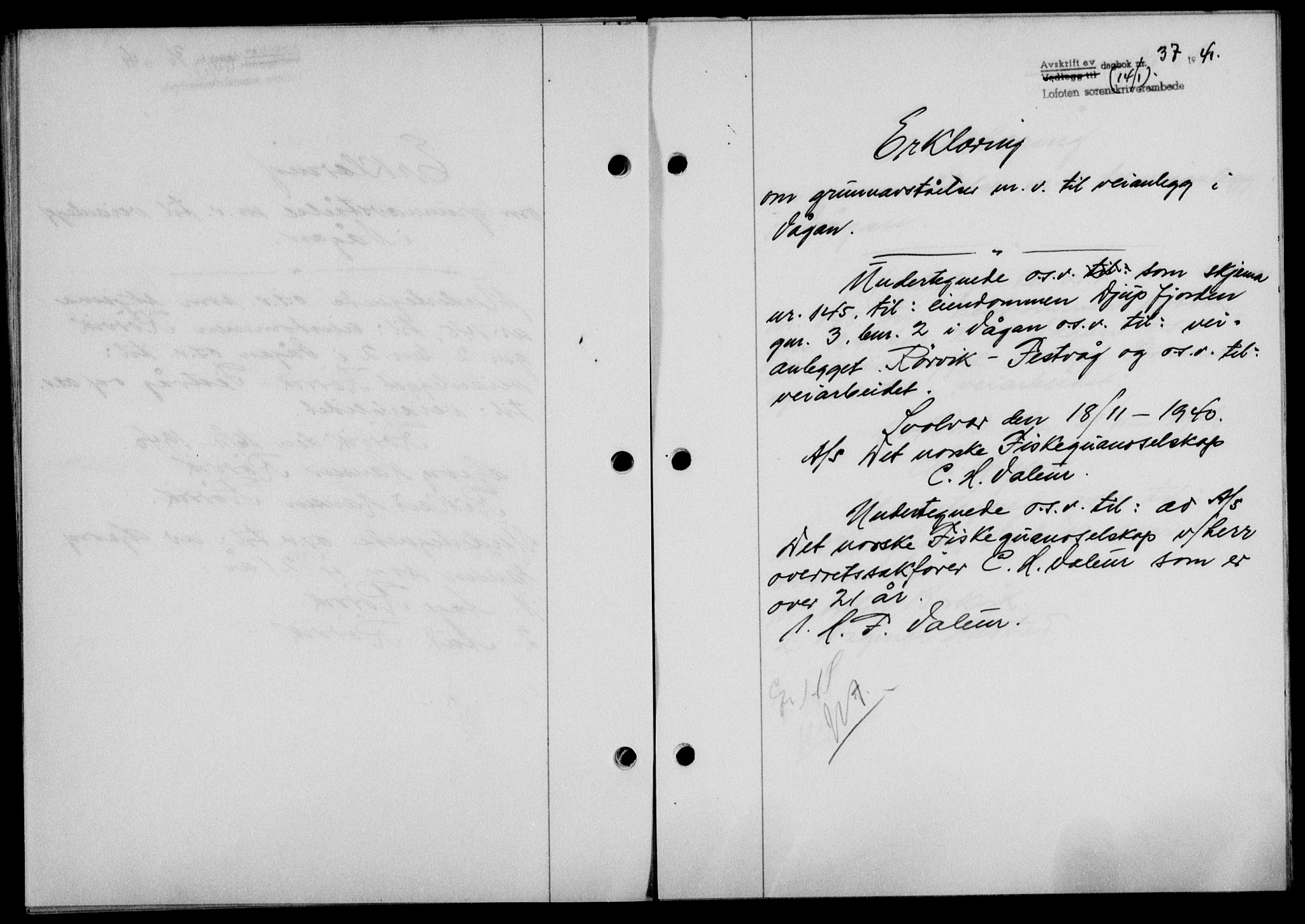 Lofoten sorenskriveri, SAT/A-0017/1/2/2C/L0008a: Mortgage book no. 8a, 1940-1941, Diary no: : 37/1941