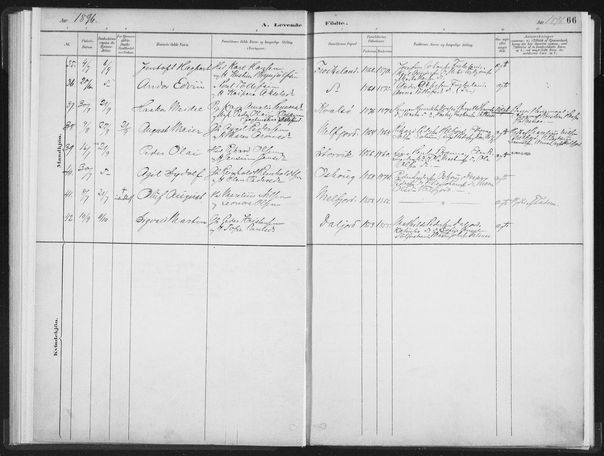 Ministerialprotokoller, klokkerbøker og fødselsregistre - Nordland, SAT/A-1459/890/L1286: Parish register (official) no. 890A01, 1882-1902, p. 66