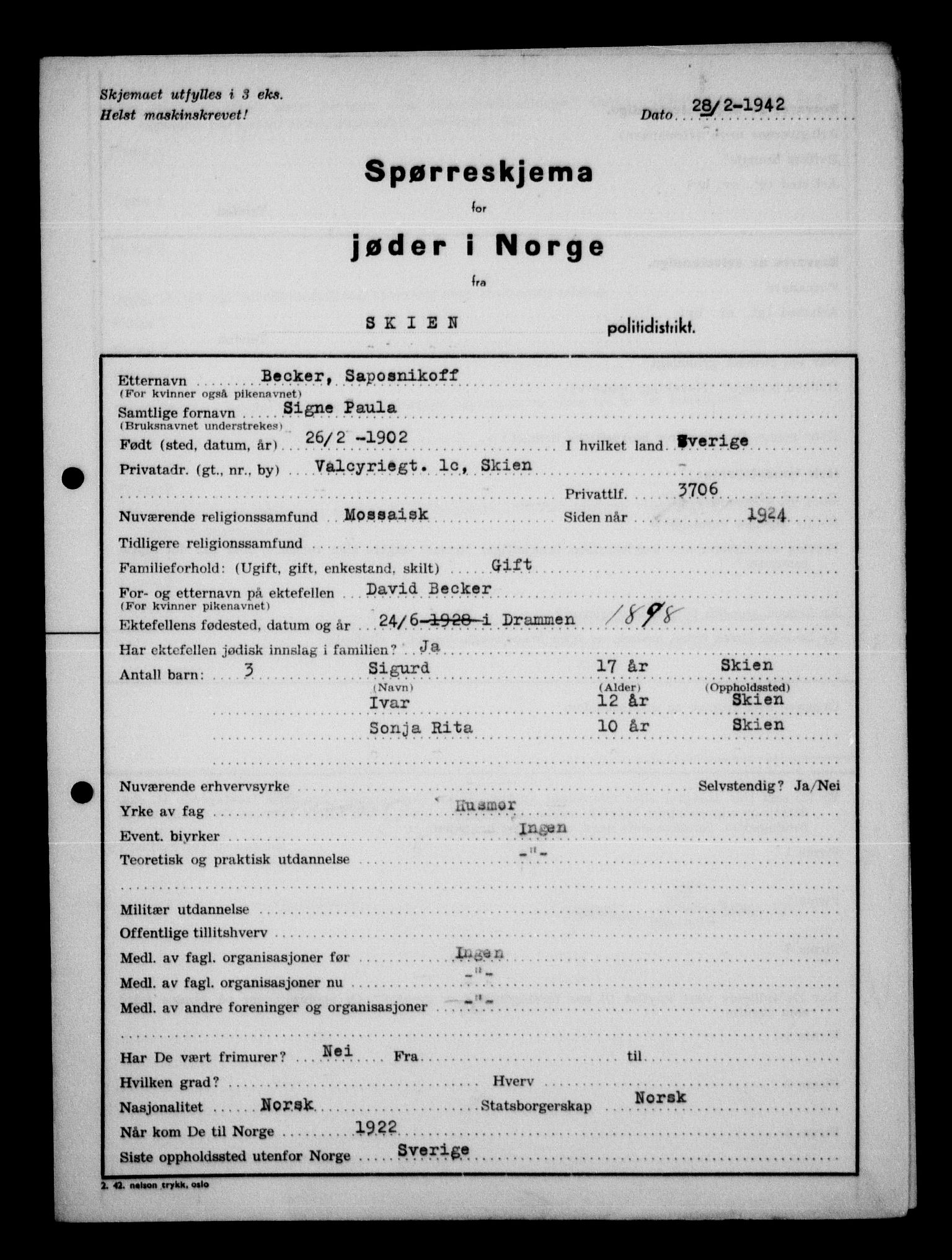 Statspolitiet - Hovedkontoret / Osloavdelingen, AV/RA-S-1329/G/Ga/L0013: Spørreskjema for jøder i Norge. 1: Sandefjord-Trondheim. 2: Tønsberg- Ålesund.  3: Skriv vedr. jøder A-H.  , 1942-1943, p. 49