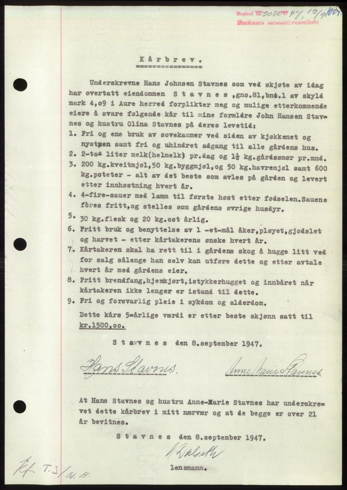 Nordmøre sorenskriveri, AV/SAT-A-4132/1/2/2Ca: Mortgage book no. B96, 1947-1947, Diary no: : 2080/1947