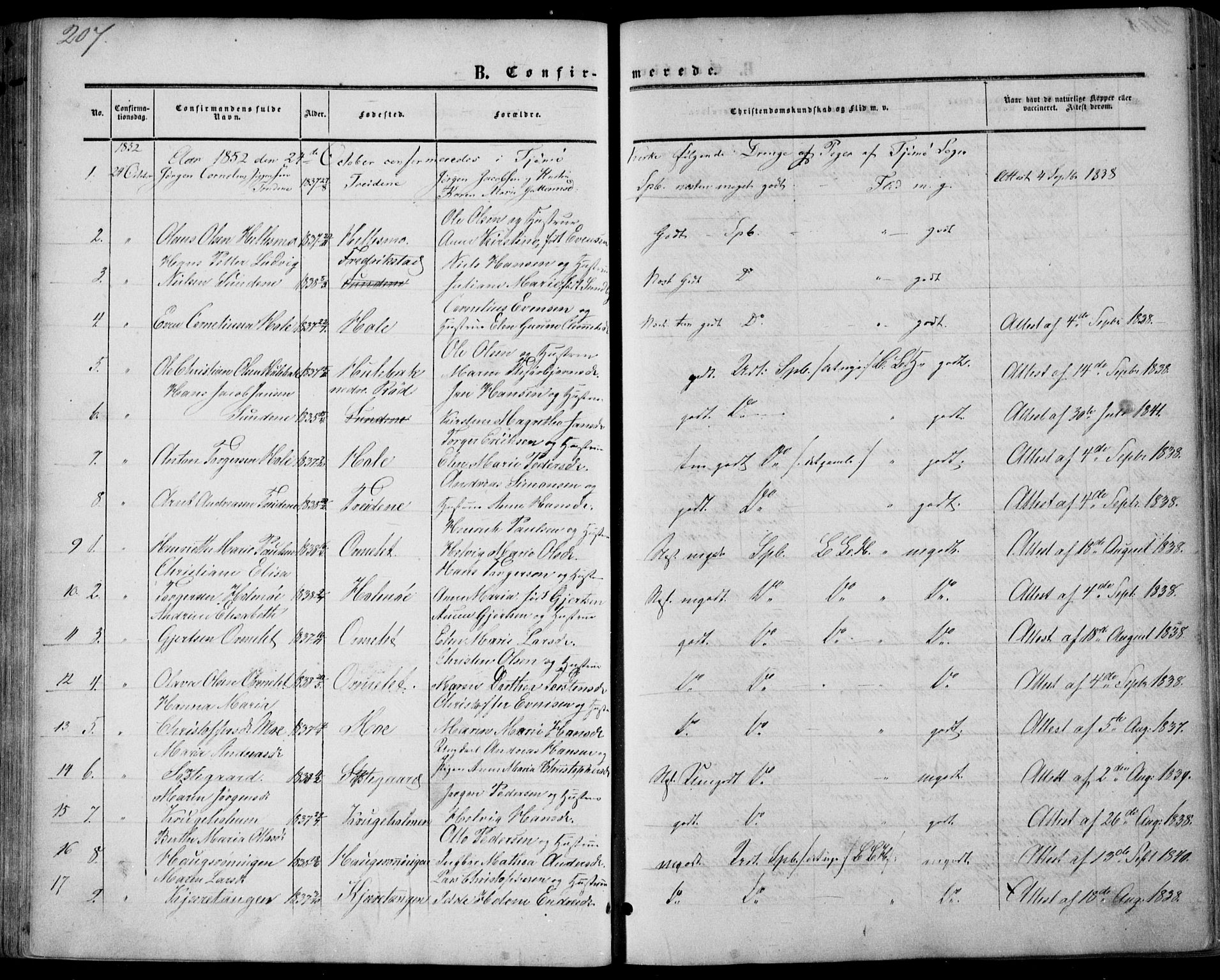 Nøtterøy kirkebøker, AV/SAKO-A-354/F/Fa/L0006: Parish register (official) no. I 6, 1852-1864, p. 207