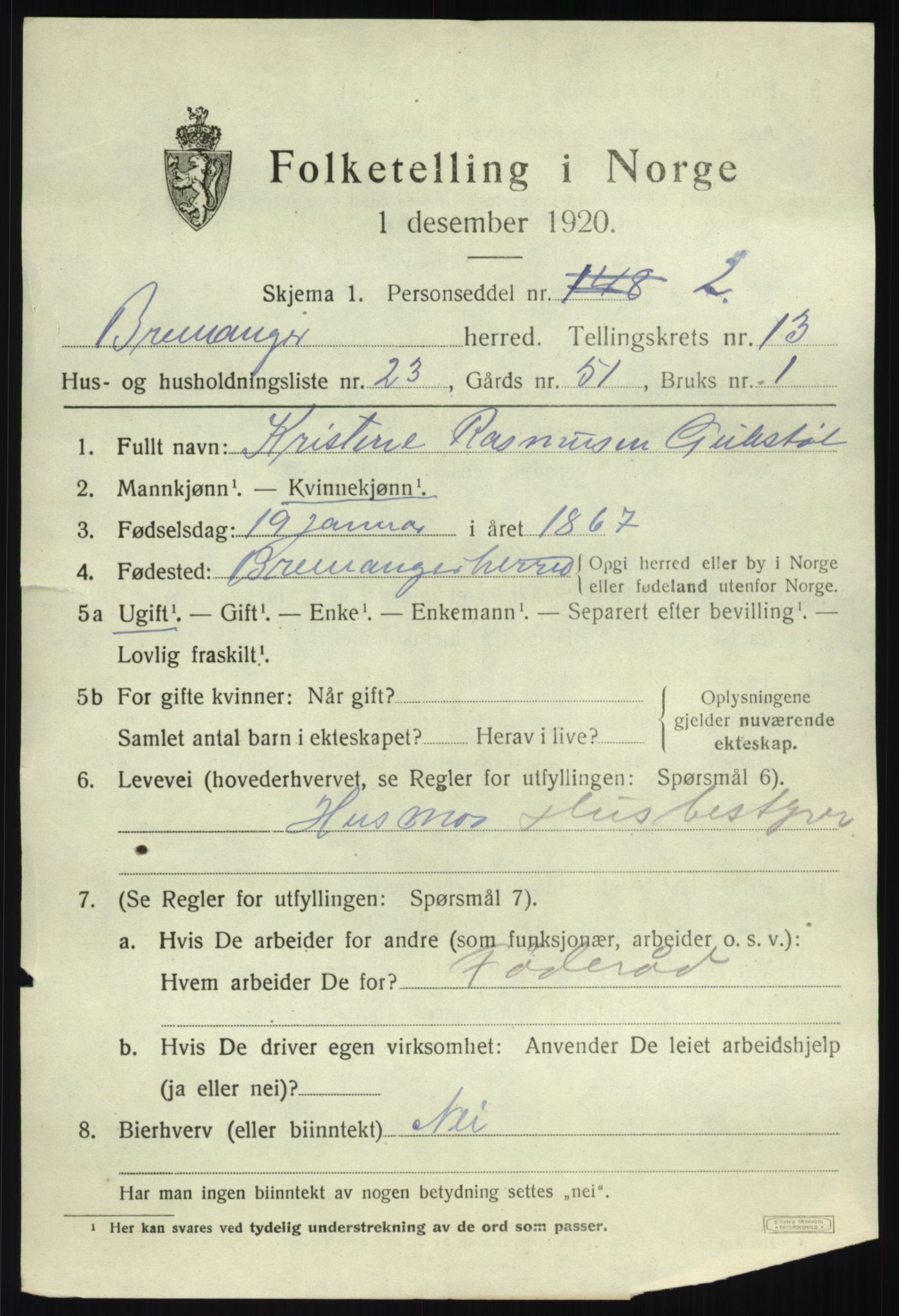 SAB, 1920 census for Bremanger, 1920, p. 7050