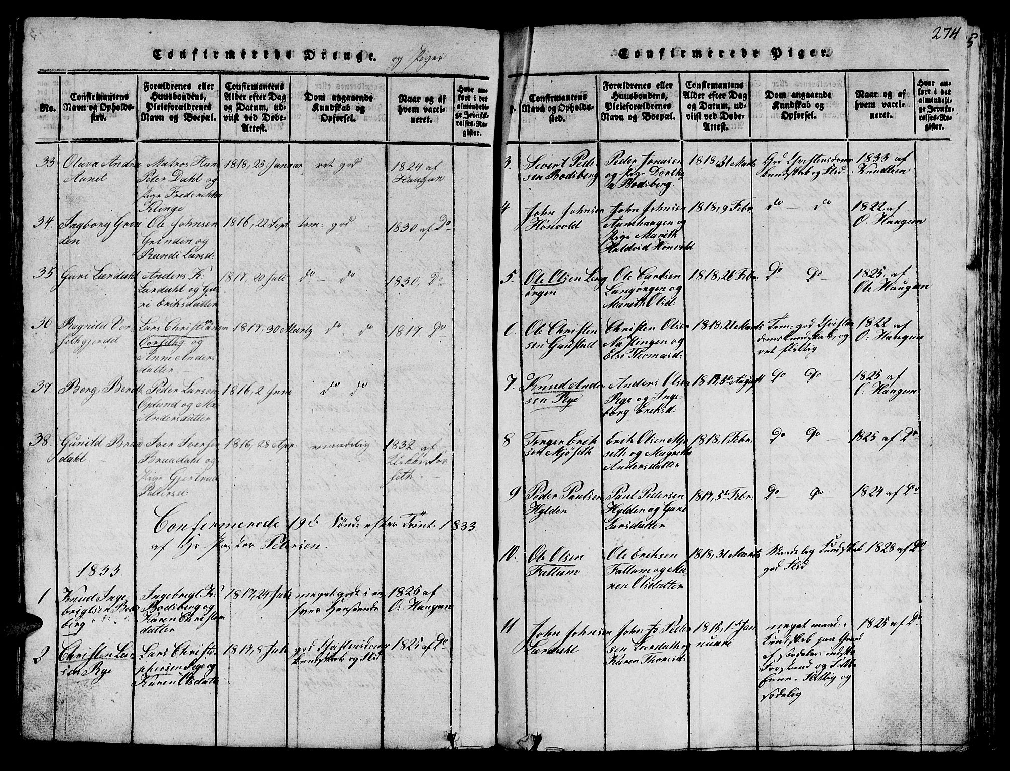 Ministerialprotokoller, klokkerbøker og fødselsregistre - Sør-Trøndelag, SAT/A-1456/612/L0385: Parish register (copy) no. 612C01, 1816-1845, p. 274