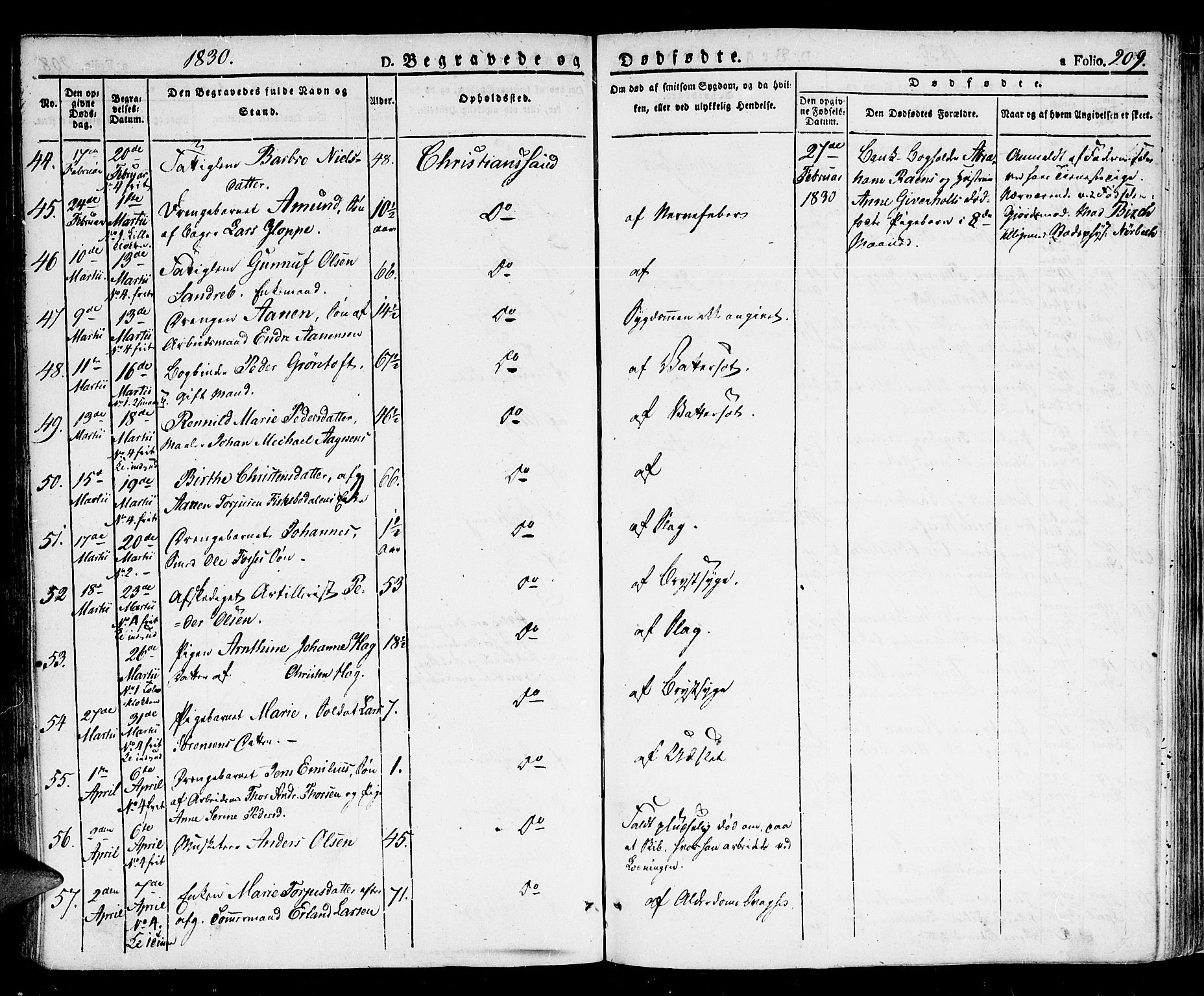 Kristiansand domprosti, SAK/1112-0006/F/Fb/L0007: Parish register (copy) no. B 7, 1829-1837, p. 209