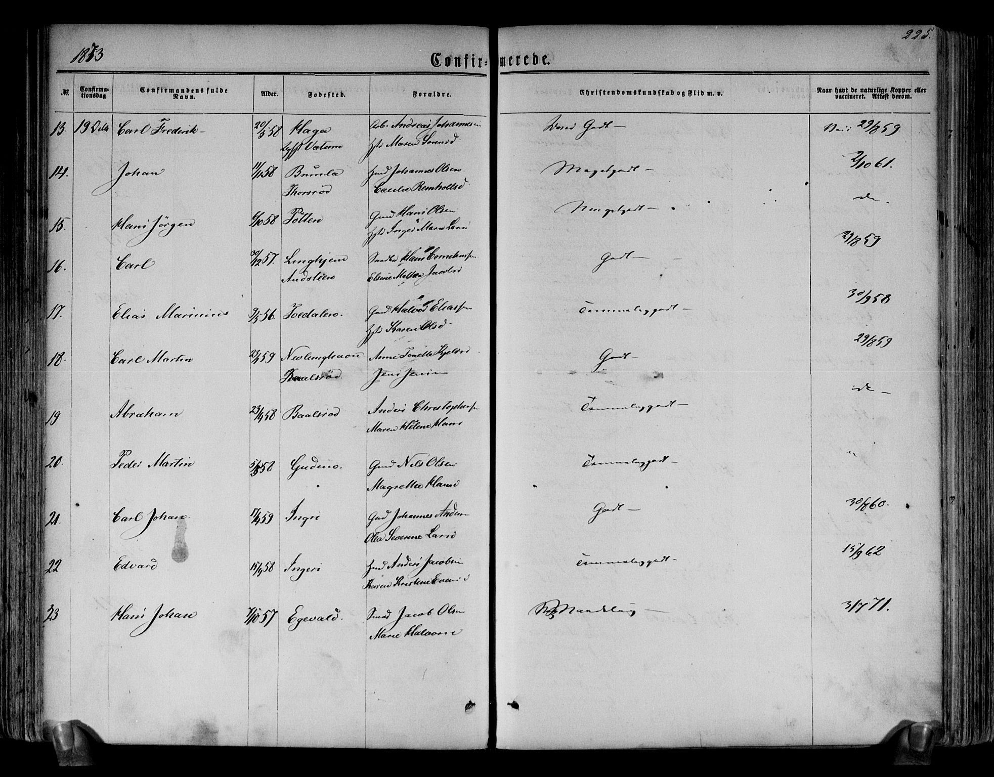 Brunlanes kirkebøker, AV/SAKO-A-342/F/Fa/L0005: Parish register (official) no. I 5, 1862-1877, p. 225