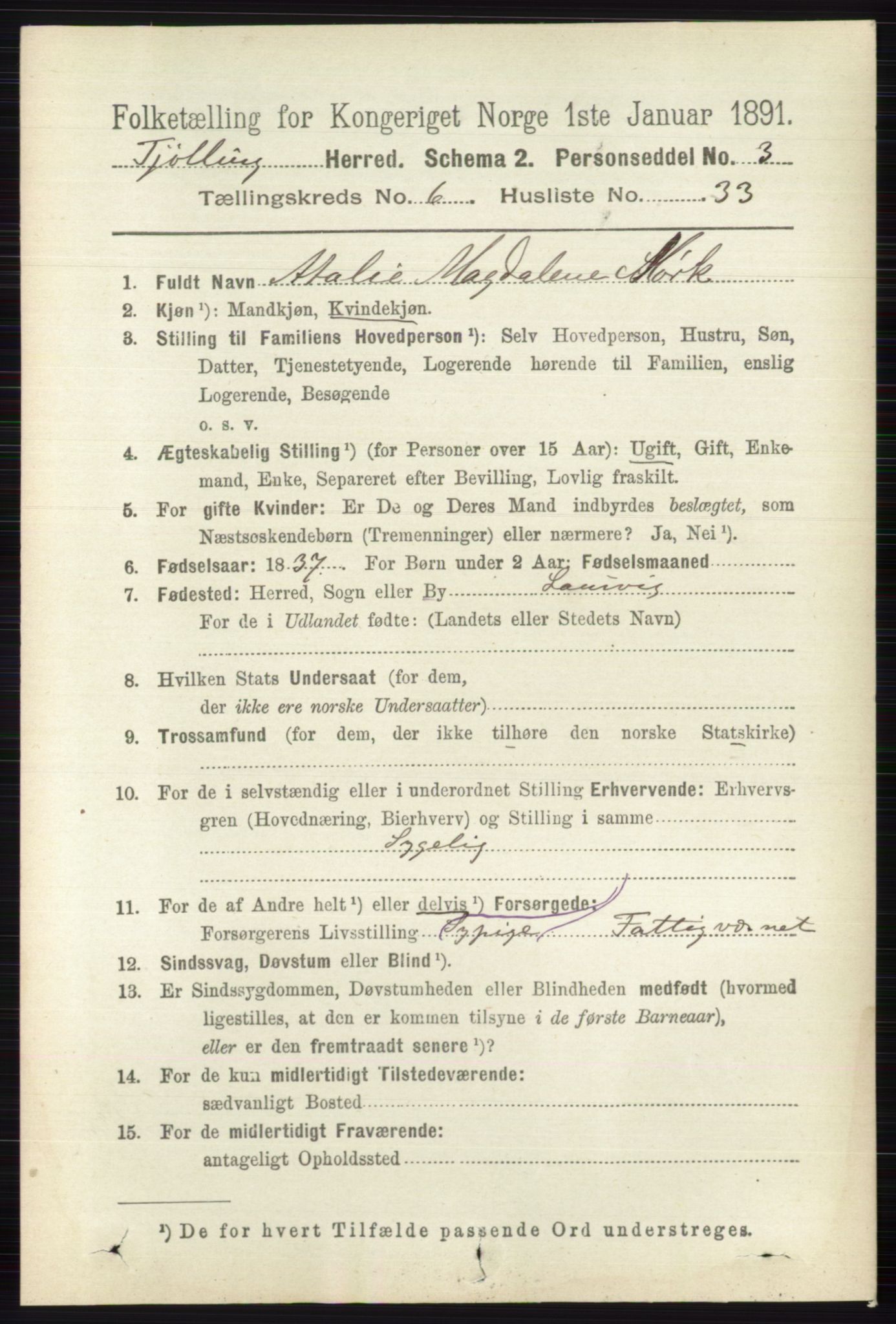 RA, 1891 census for 0725 Tjølling, 1891, p. 3130