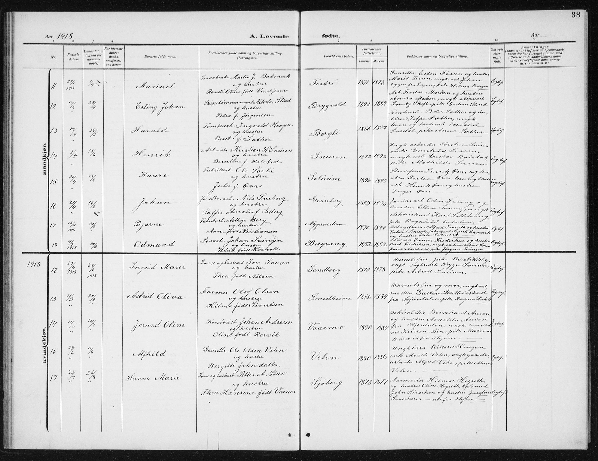 Ministerialprotokoller, klokkerbøker og fødselsregistre - Sør-Trøndelag, AV/SAT-A-1456/617/L0431: Parish register (copy) no. 617C02, 1910-1936, p. 38