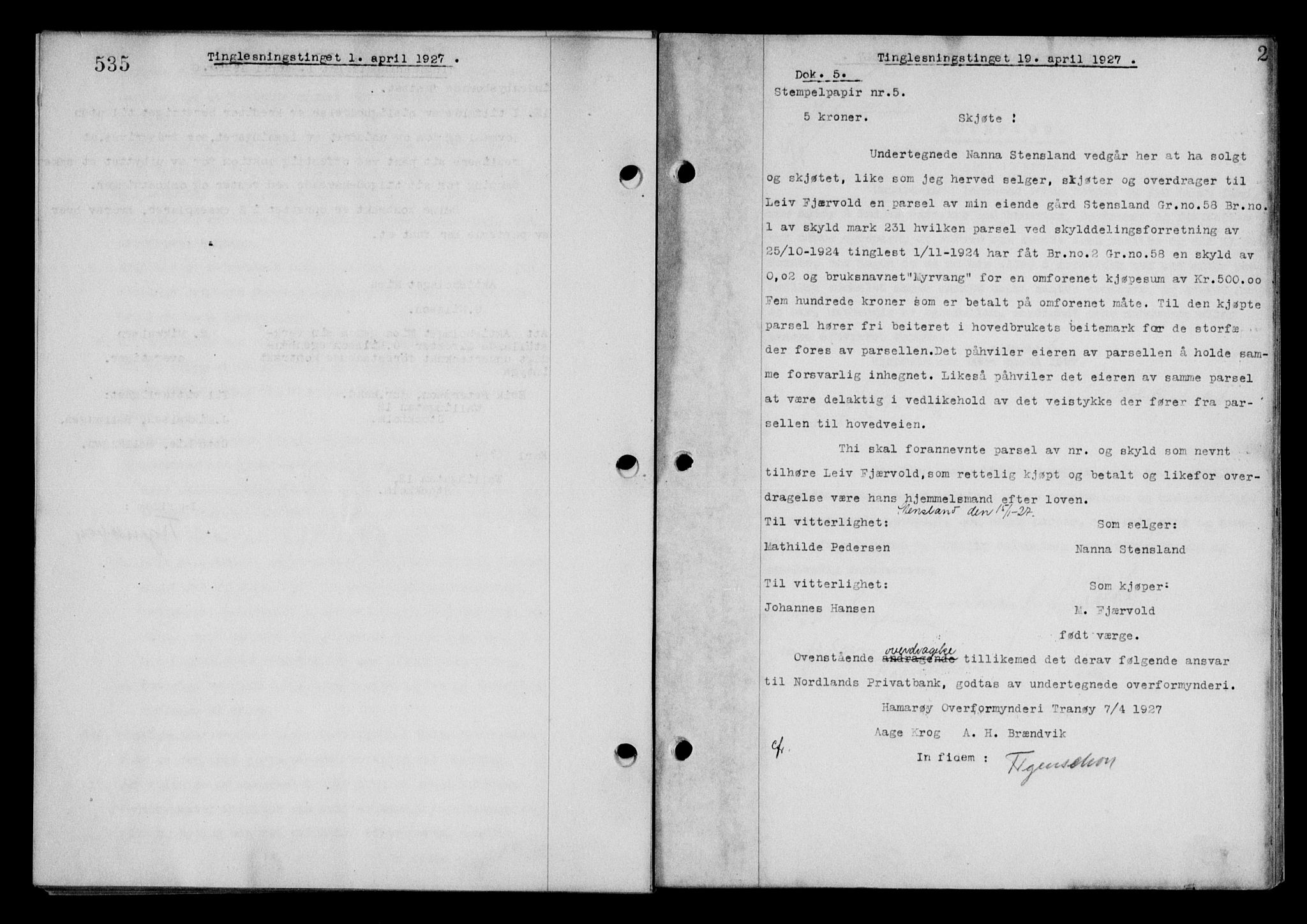 Steigen og Ofoten sorenskriveri, SAT/A-0030/1/2/2C/L0014: Mortgage book no. 13 og 15, 1926-1927, Deed date: 19.04.1927