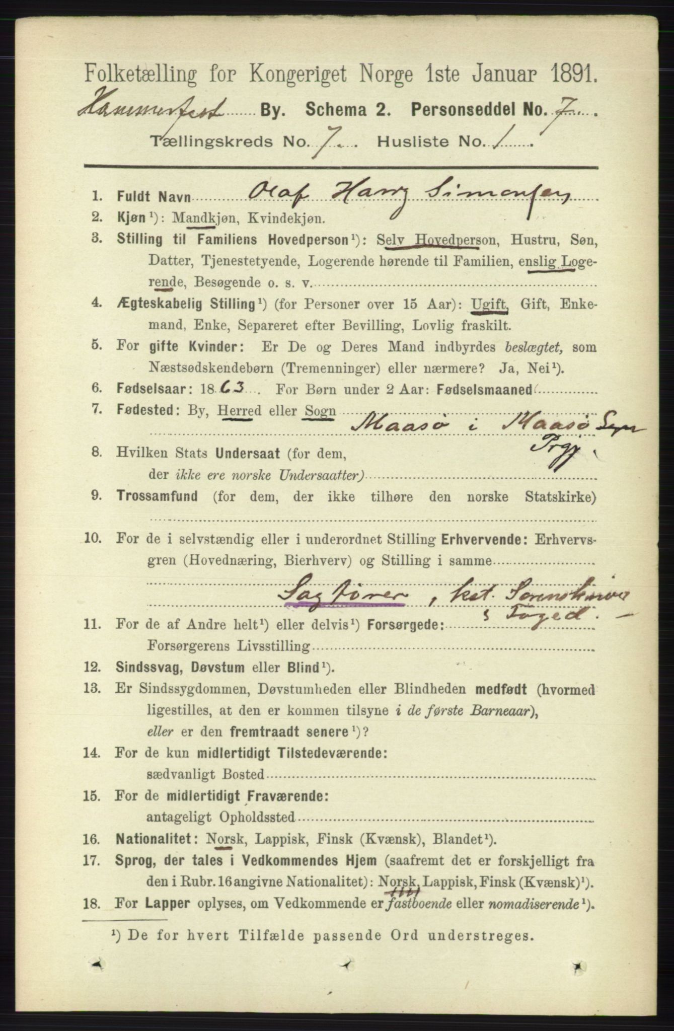 RA, 1891 census for 2001 Hammerfest, 1891, p. 2293