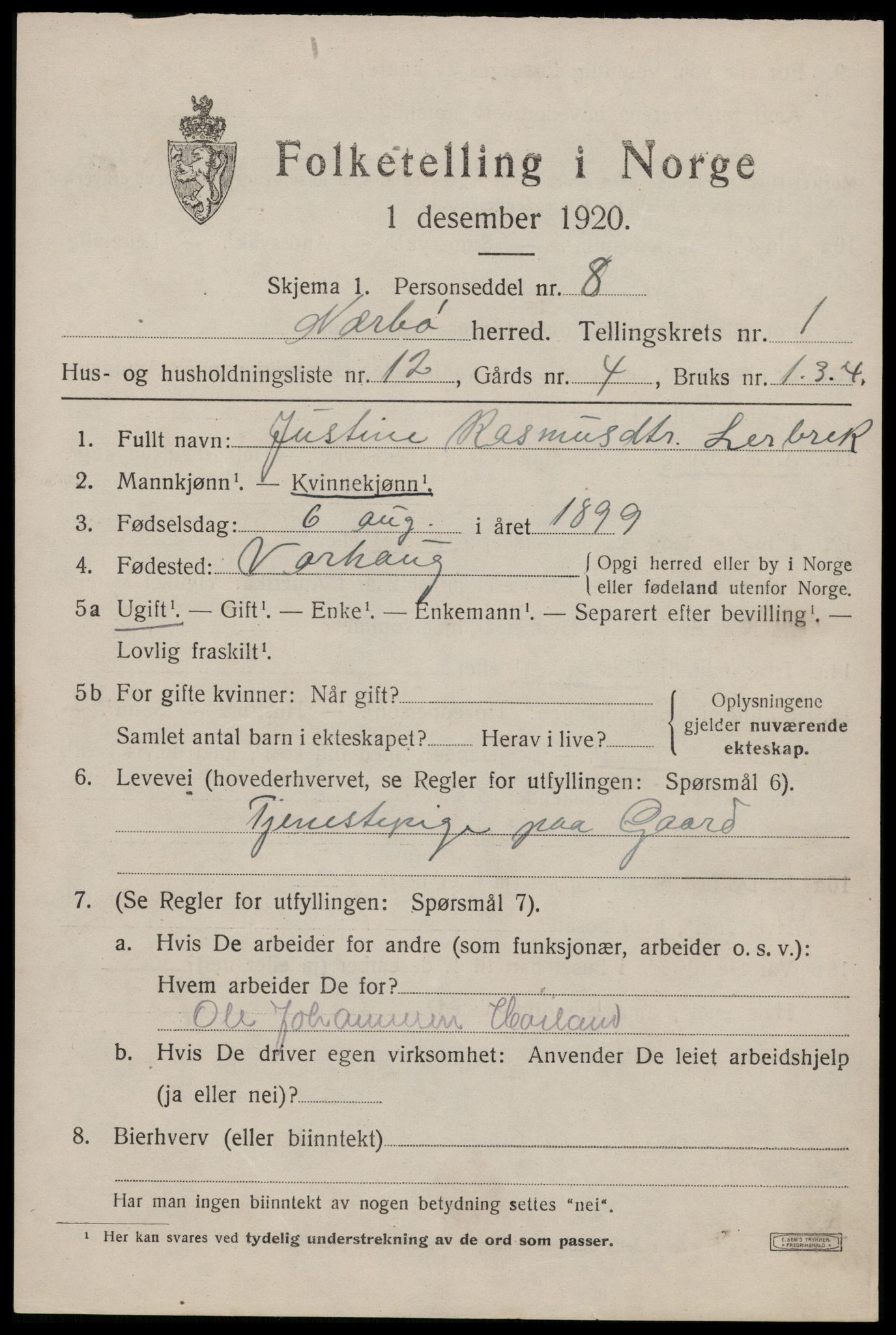 SAST, 1920 census for Nærbø, 1920, p. 943