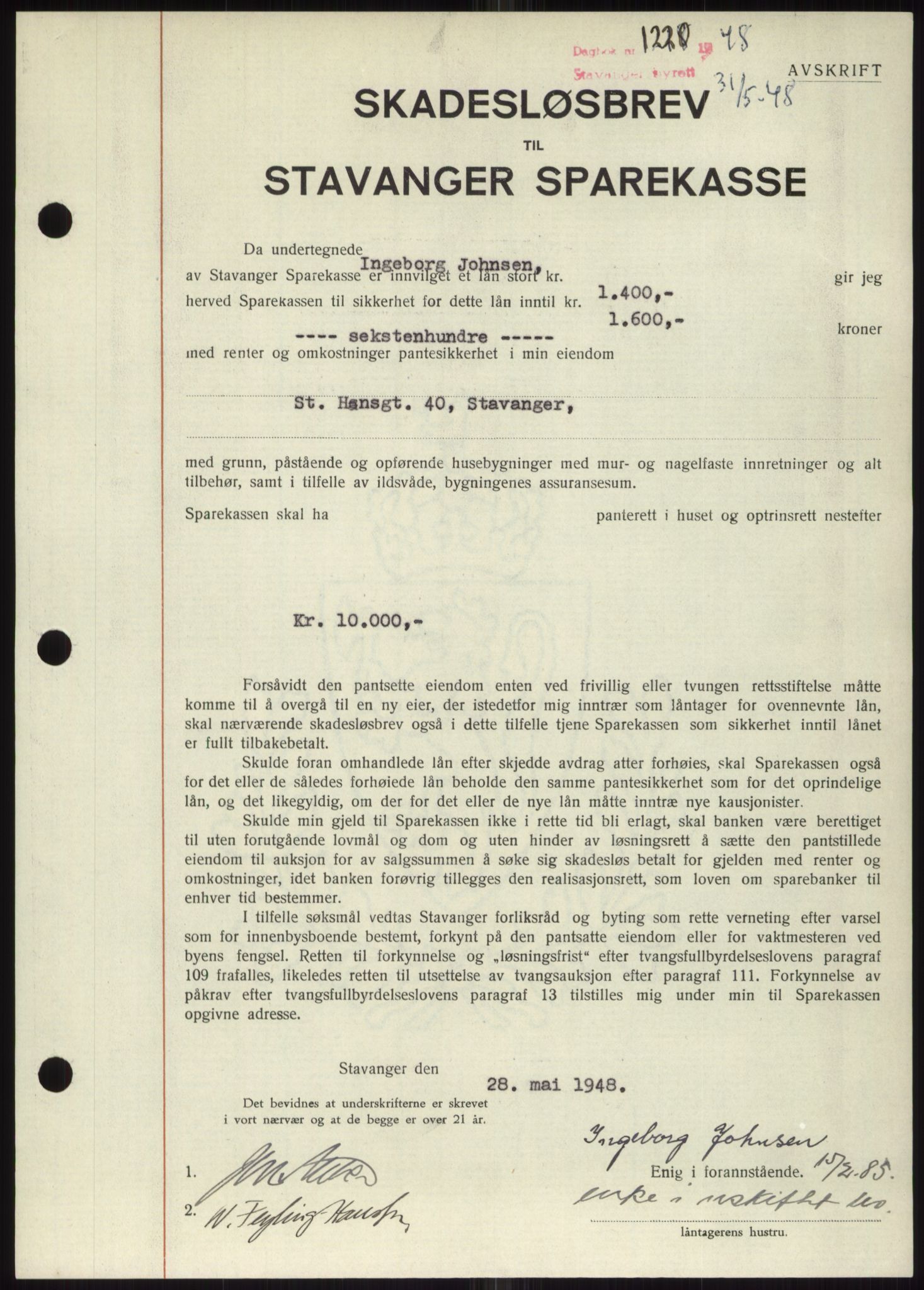 Stavanger byrett, SAST/A-100455/002/G/Gb/L0032: Mortgage book, 1947-1950, Diary no: : 1220/1948