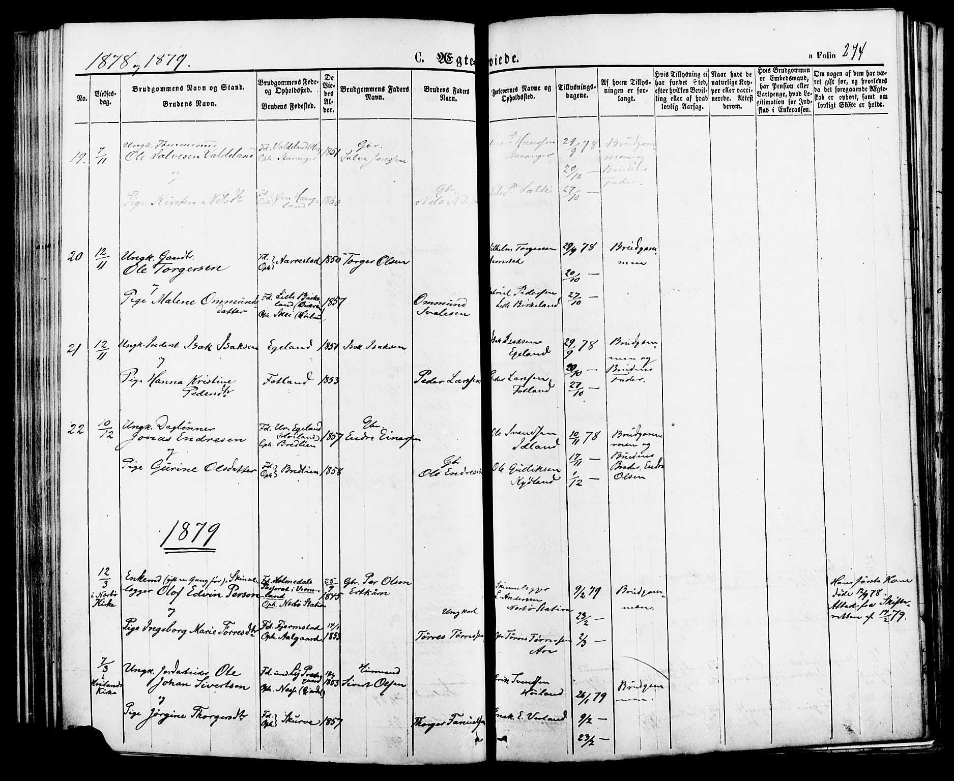 Lye sokneprestkontor, SAST/A-101794/001/30BA/L0008: Parish register (official) no. A 7, 1872-1881, p. 274