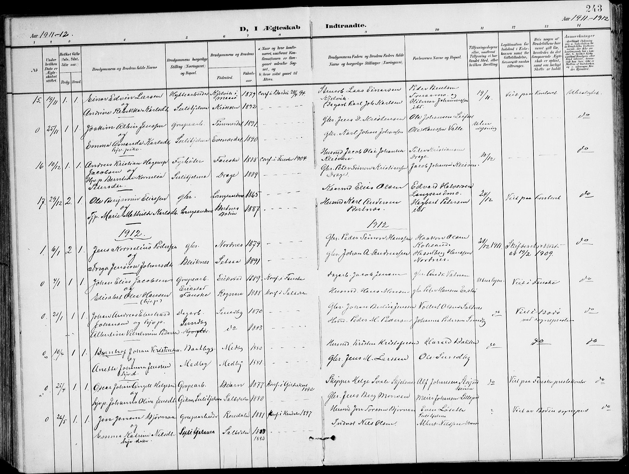 Ministerialprotokoller, klokkerbøker og fødselsregistre - Nordland, SAT/A-1459/847/L0672: Parish register (official) no. 847A12, 1902-1919, p. 243
