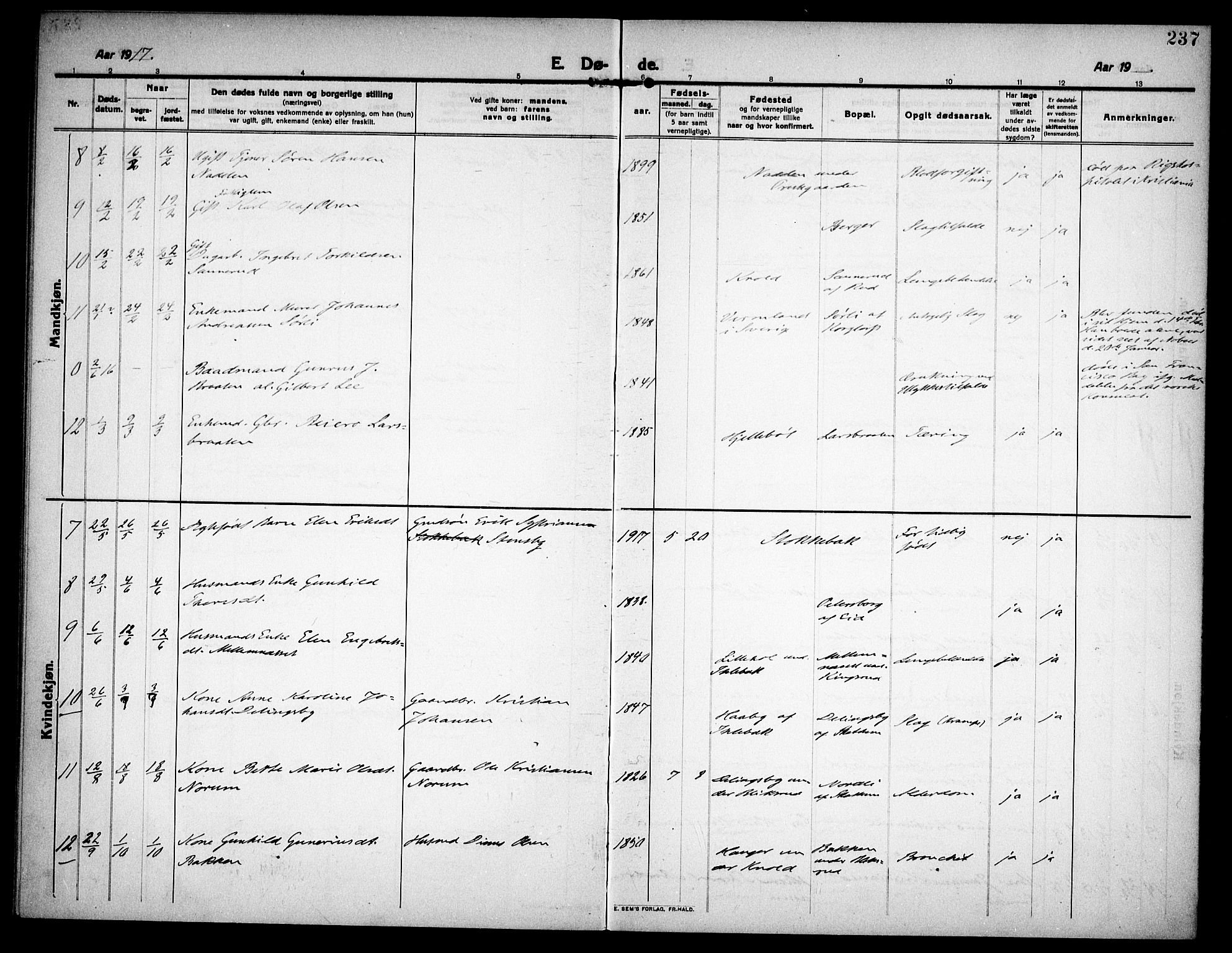 Høland prestekontor Kirkebøker, SAO/A-10346a/F/Fa/L0016: Parish register (official) no. I 16, 1912-1921, p. 237