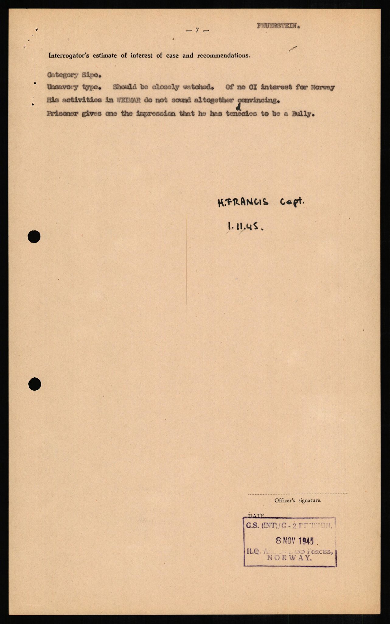 Forsvaret, Forsvarets overkommando II, AV/RA-RAFA-3915/D/Db/L0008: CI Questionaires. Tyske okkupasjonsstyrker i Norge. Tyskere., 1945-1946, p. 65