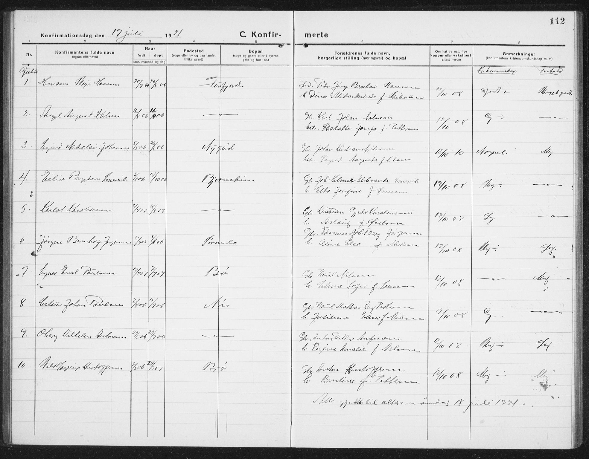 Ministerialprotokoller, klokkerbøker og fødselsregistre - Nordland, AV/SAT-A-1459/898/L1428: Parish register (copy) no. 898C03, 1918-1938, p. 112