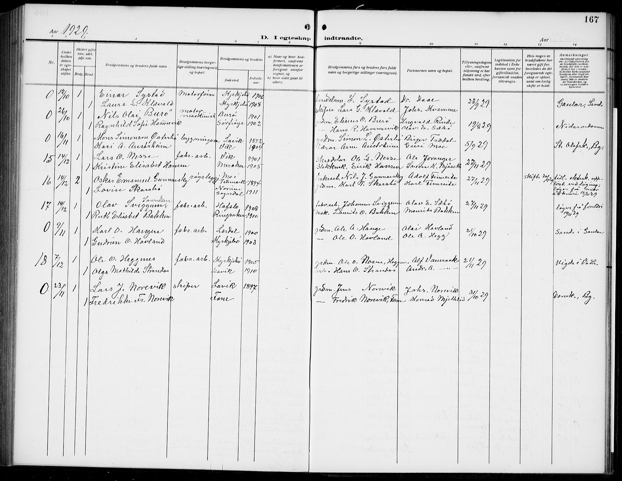 Lavik sokneprestembete, SAB/A-80901: Parish register (copy) no. B 4, 1914-1937, p. 167