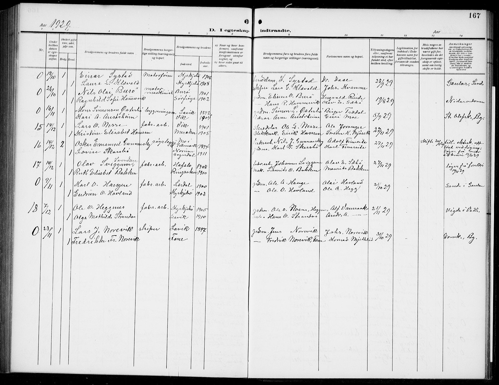 Lavik sokneprestembete, AV/SAB-A-80901: Parish register (copy) no. B 4, 1914-1937, p. 167