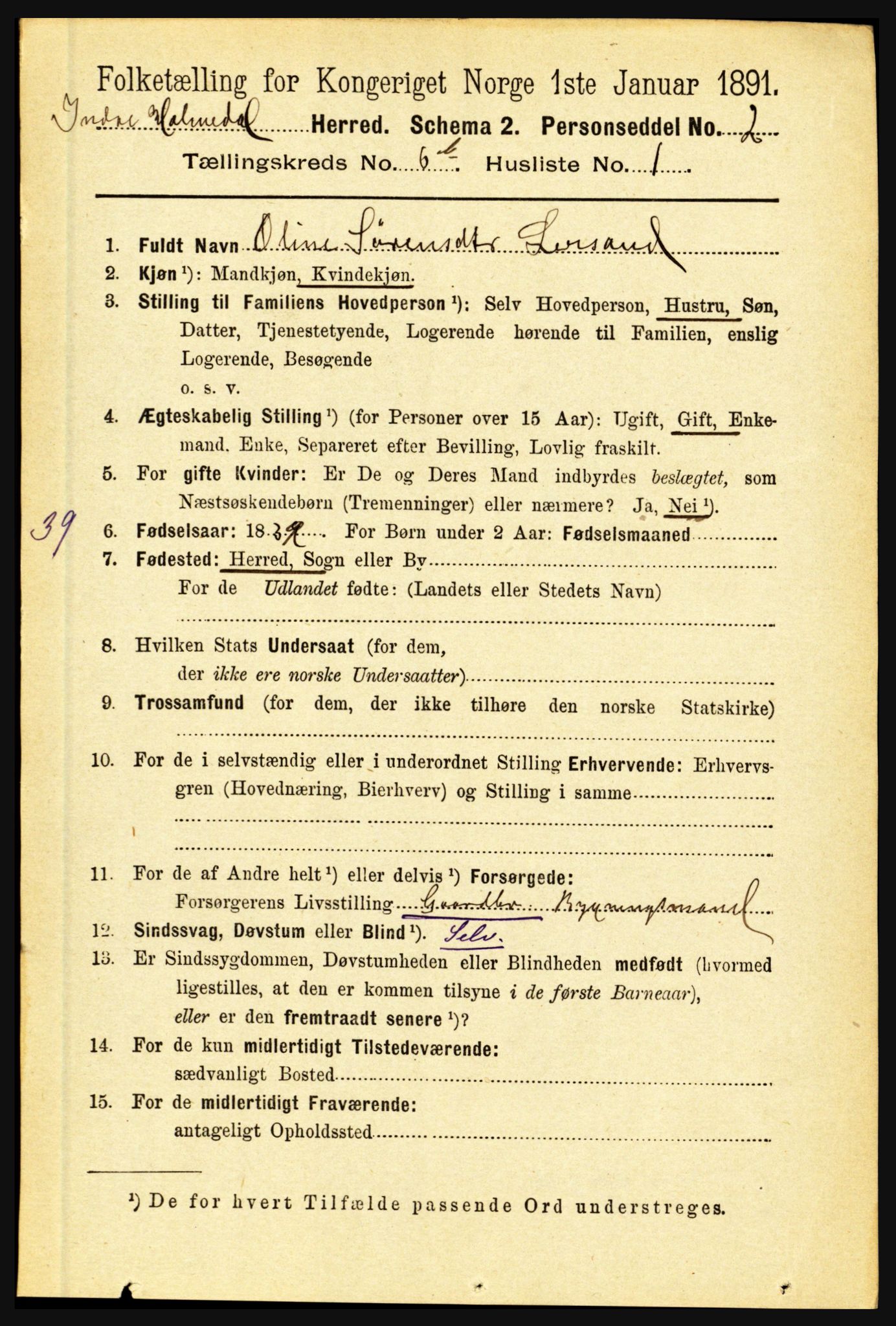 RA, 1891 census for 1430 Indre Holmedal, 1891, p. 2866