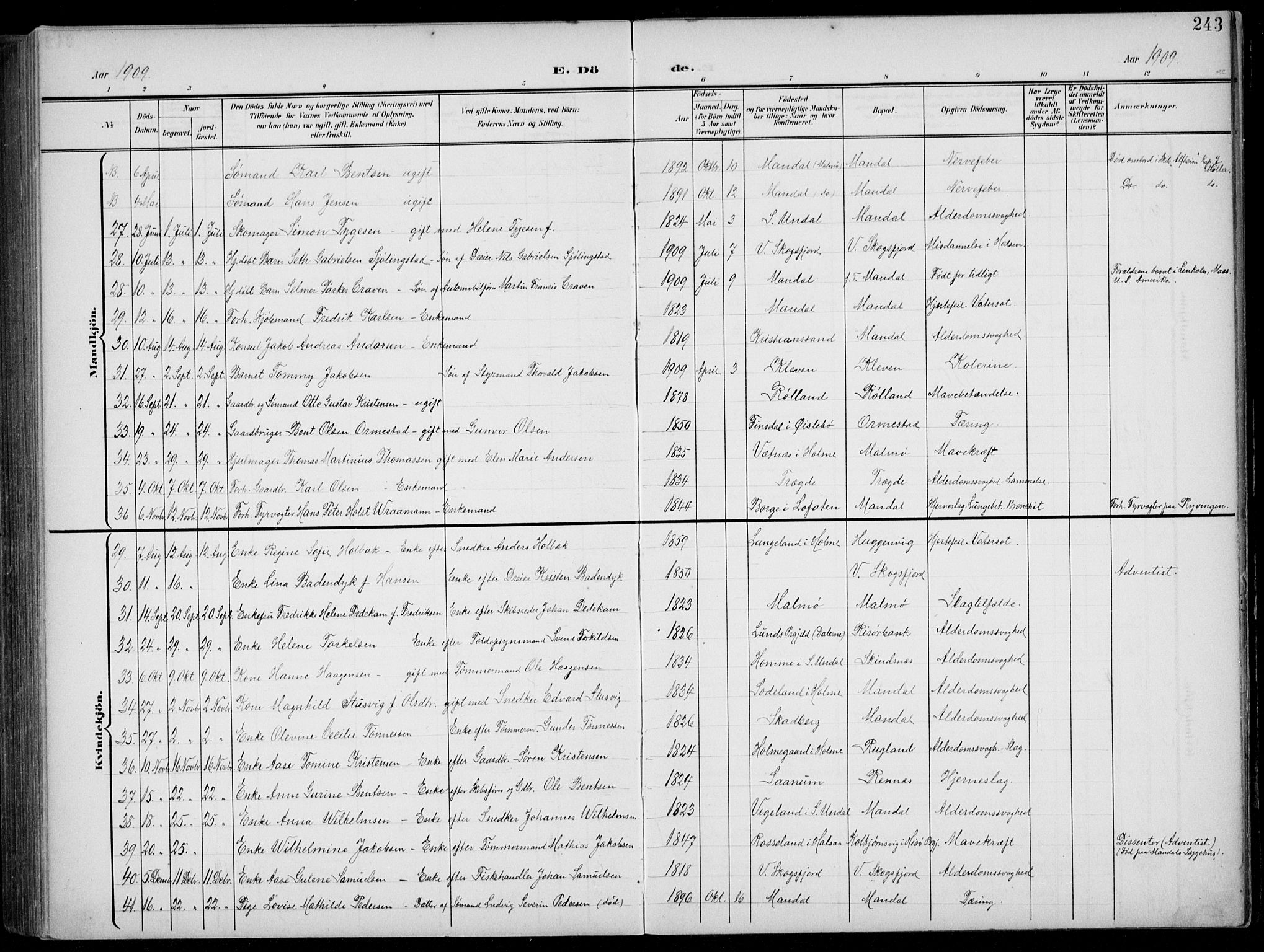 Mandal sokneprestkontor, AV/SAK-1111-0030/F/Fb/Fba/L0012: Parish register (copy) no. B 6, 1899-1918, p. 243