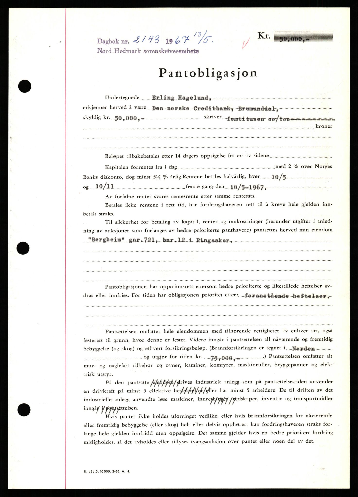 Nord-Hedmark sorenskriveri, SAH/TING-012/H/Hb/Hbf/L0071: Mortgage book no. B71, 1967-1967, Diary no: : 2143/1967