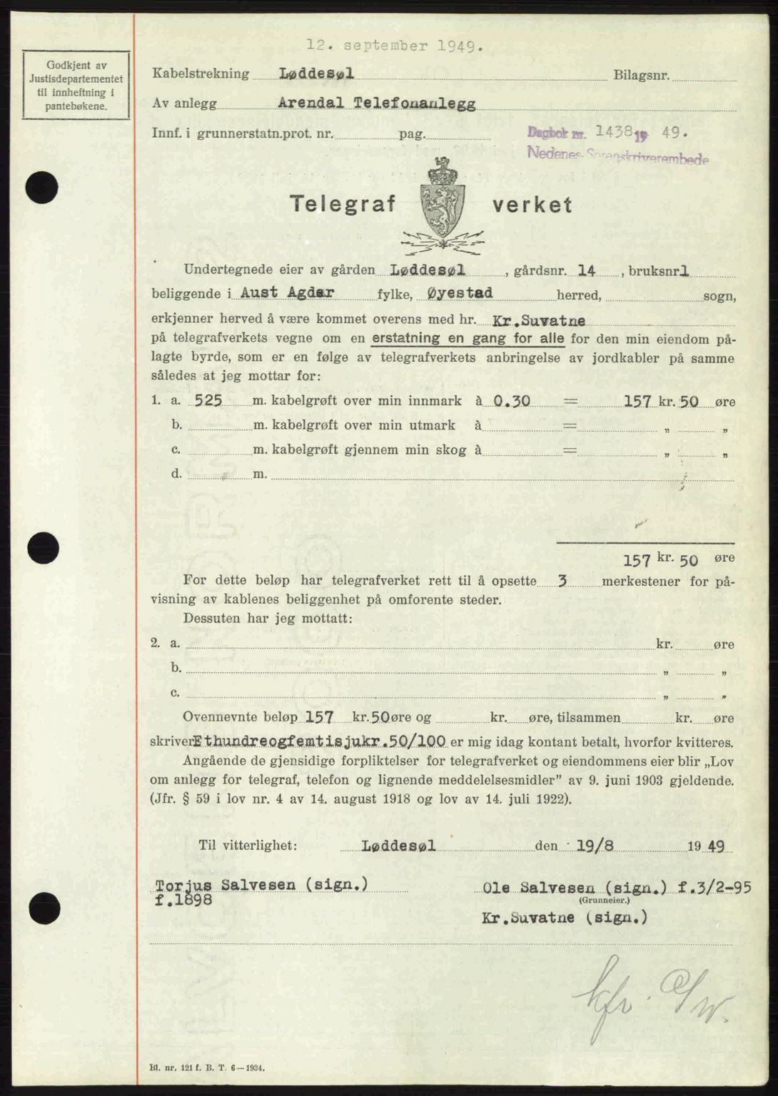 Nedenes sorenskriveri, SAK/1221-0006/G/Gb/Gba/L0061: Mortgage book no. A13, 1949-1949, Diary no: : 1438/1949